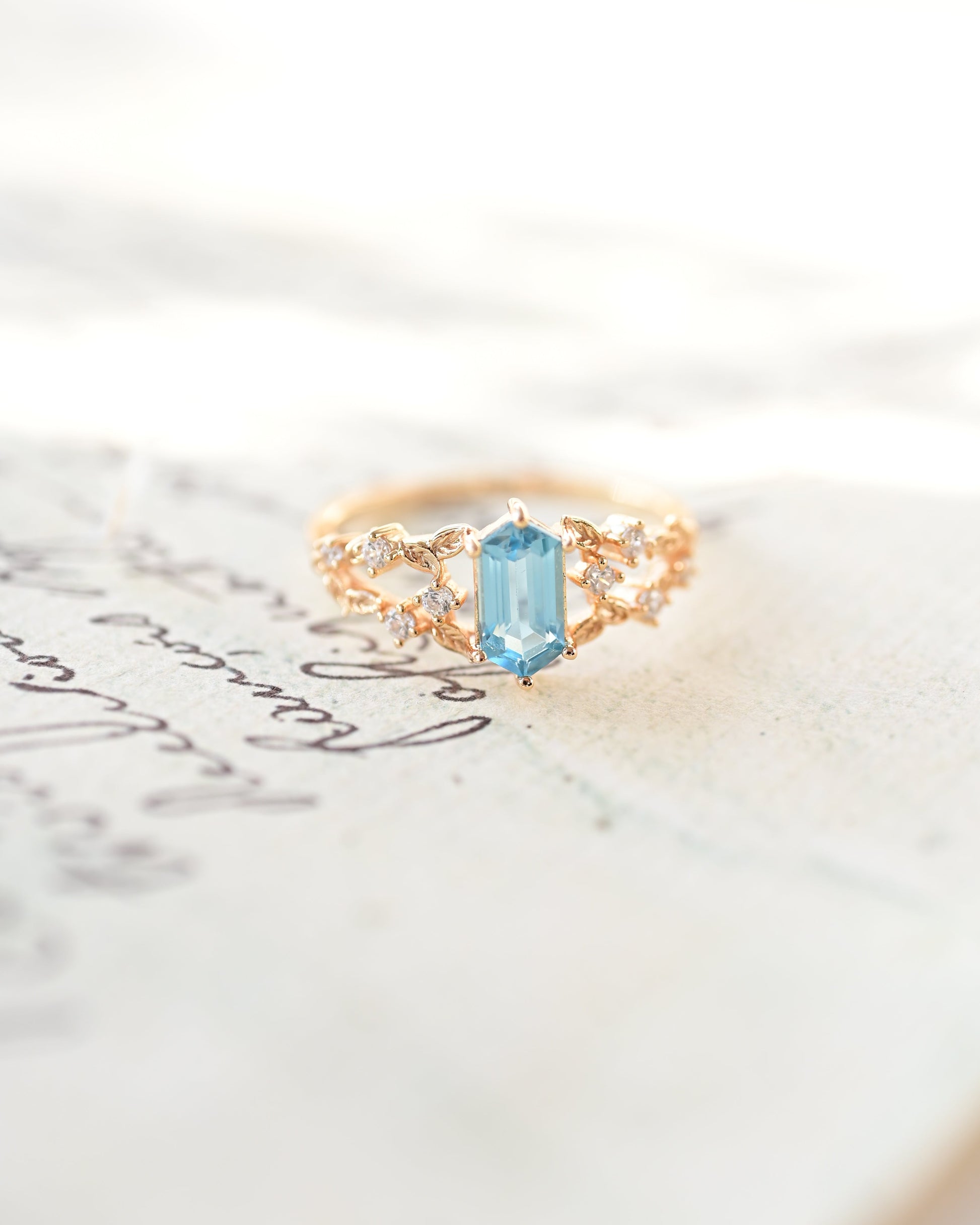 Emerald Cut London Blue Topaz Leaf Ring