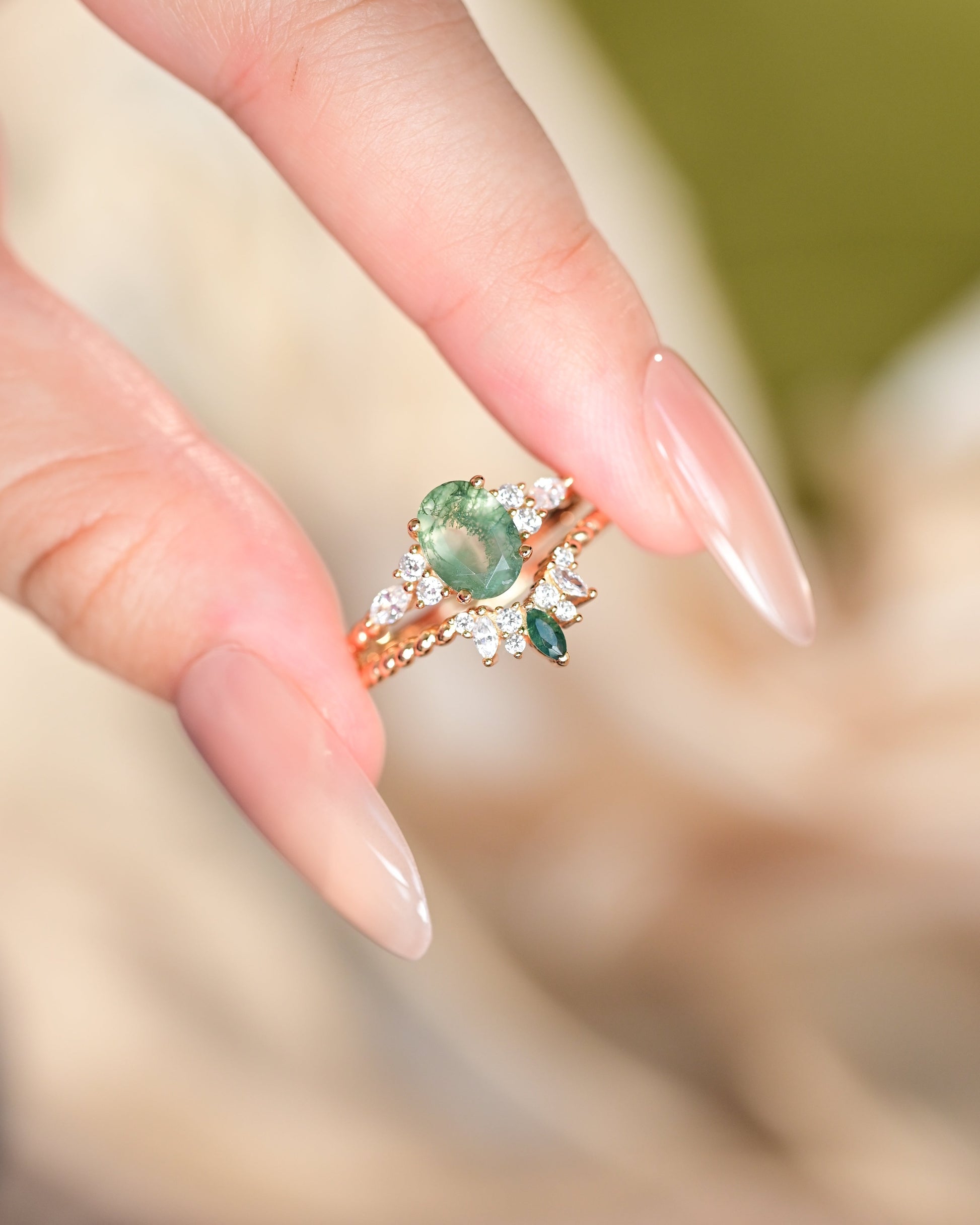 Round Moss Agate Twist Ring Set