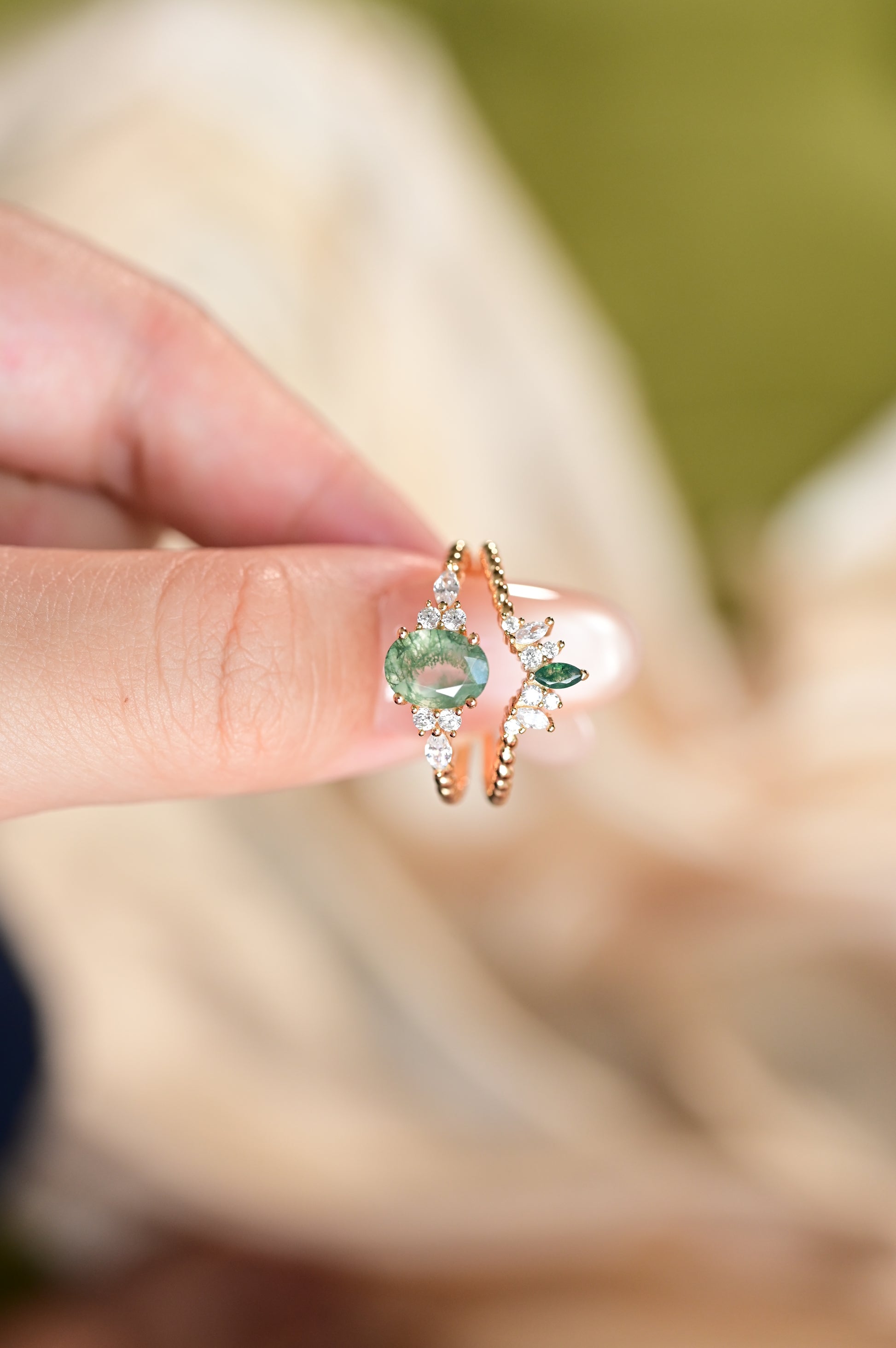 Round Moss Agate Twist Ring Set
