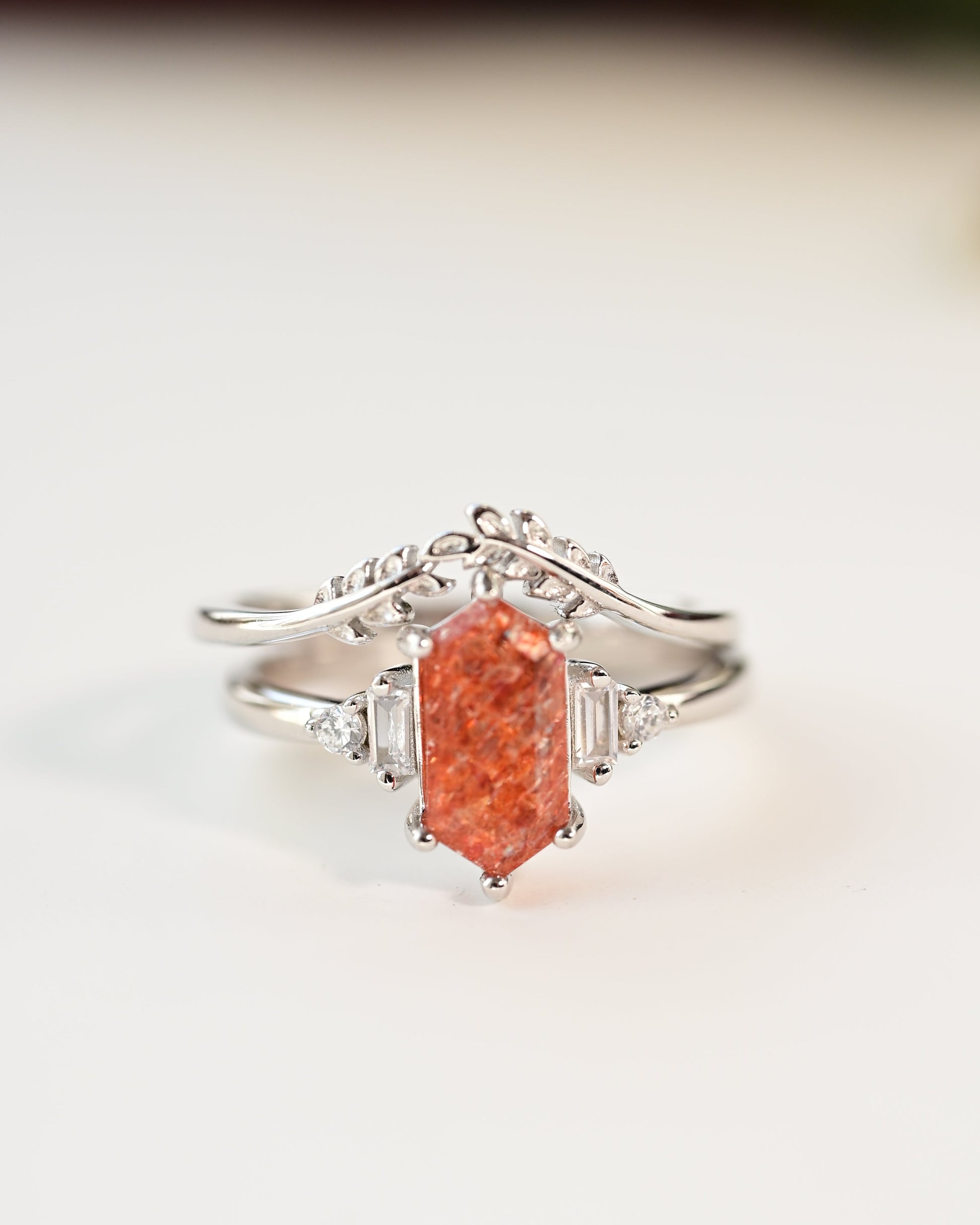 Hexagon-Cut Sunstone Stacking Ring Set