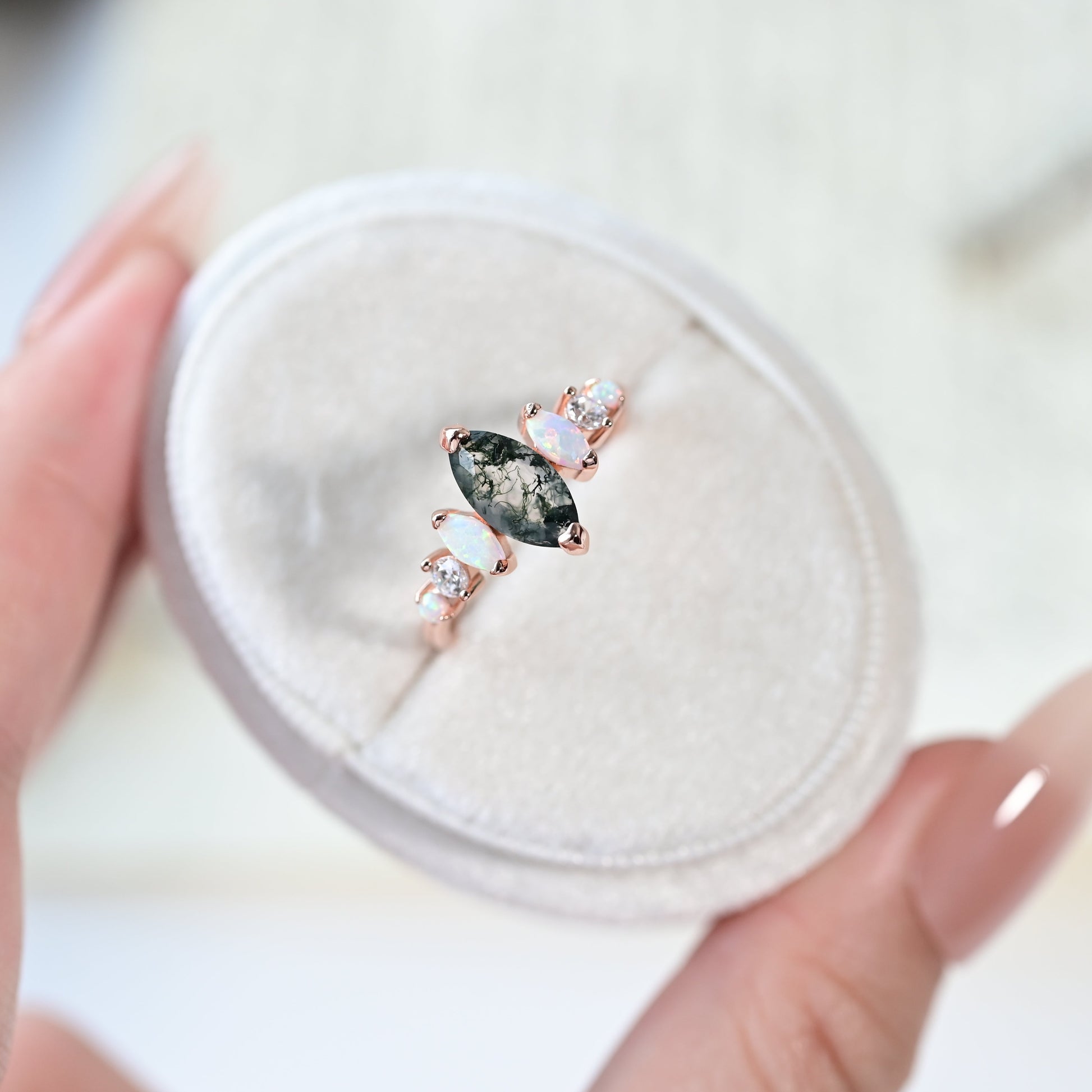 Marquise Moss Agate & Opal Ring