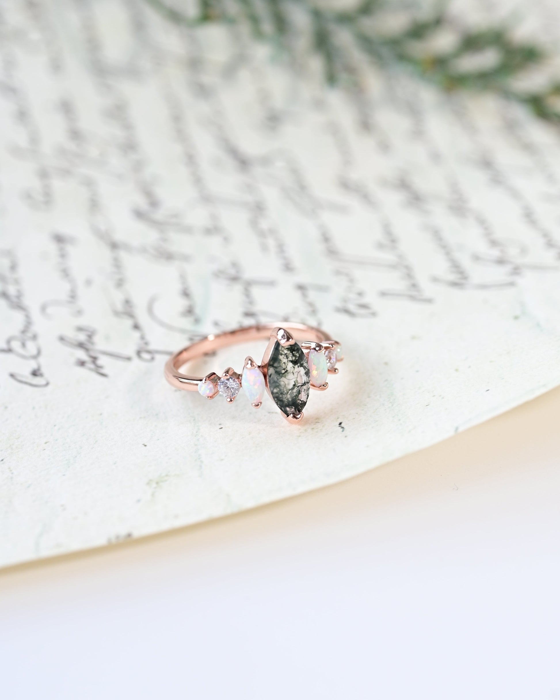 Marquise Moss Agate & Opal Ring