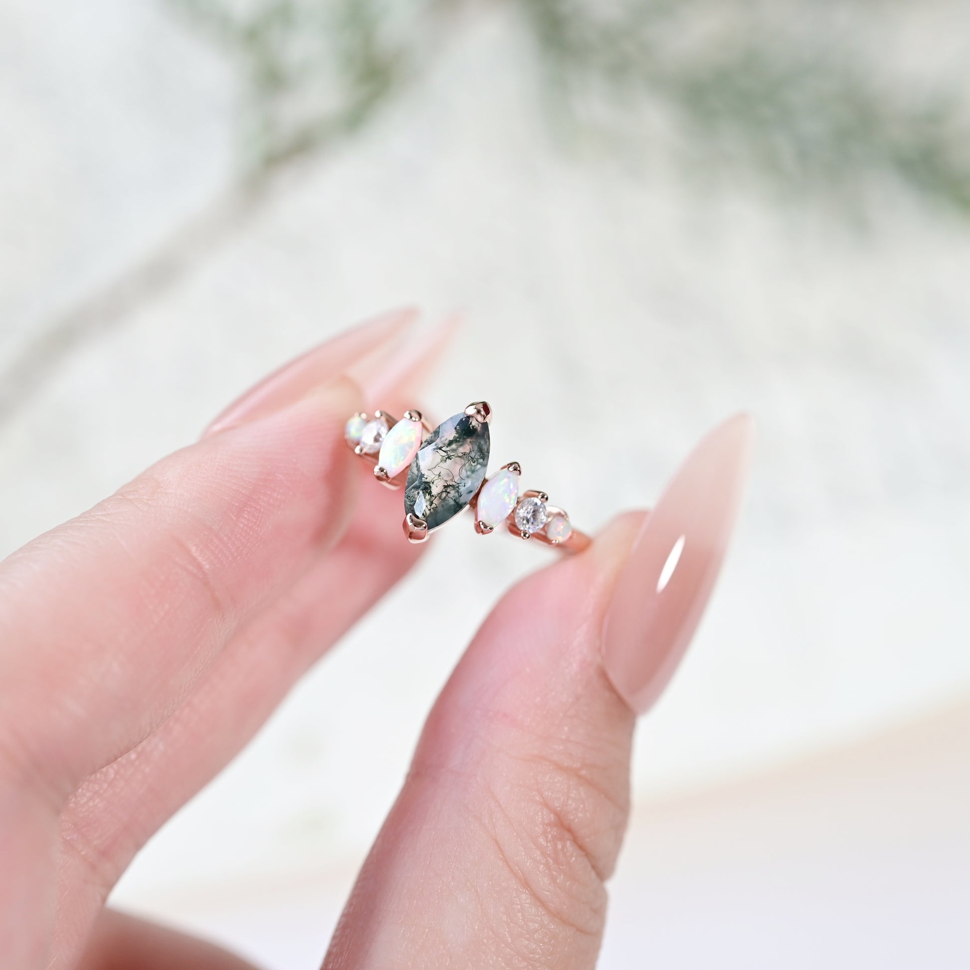 Marquise Moss Agate & Opal Ring