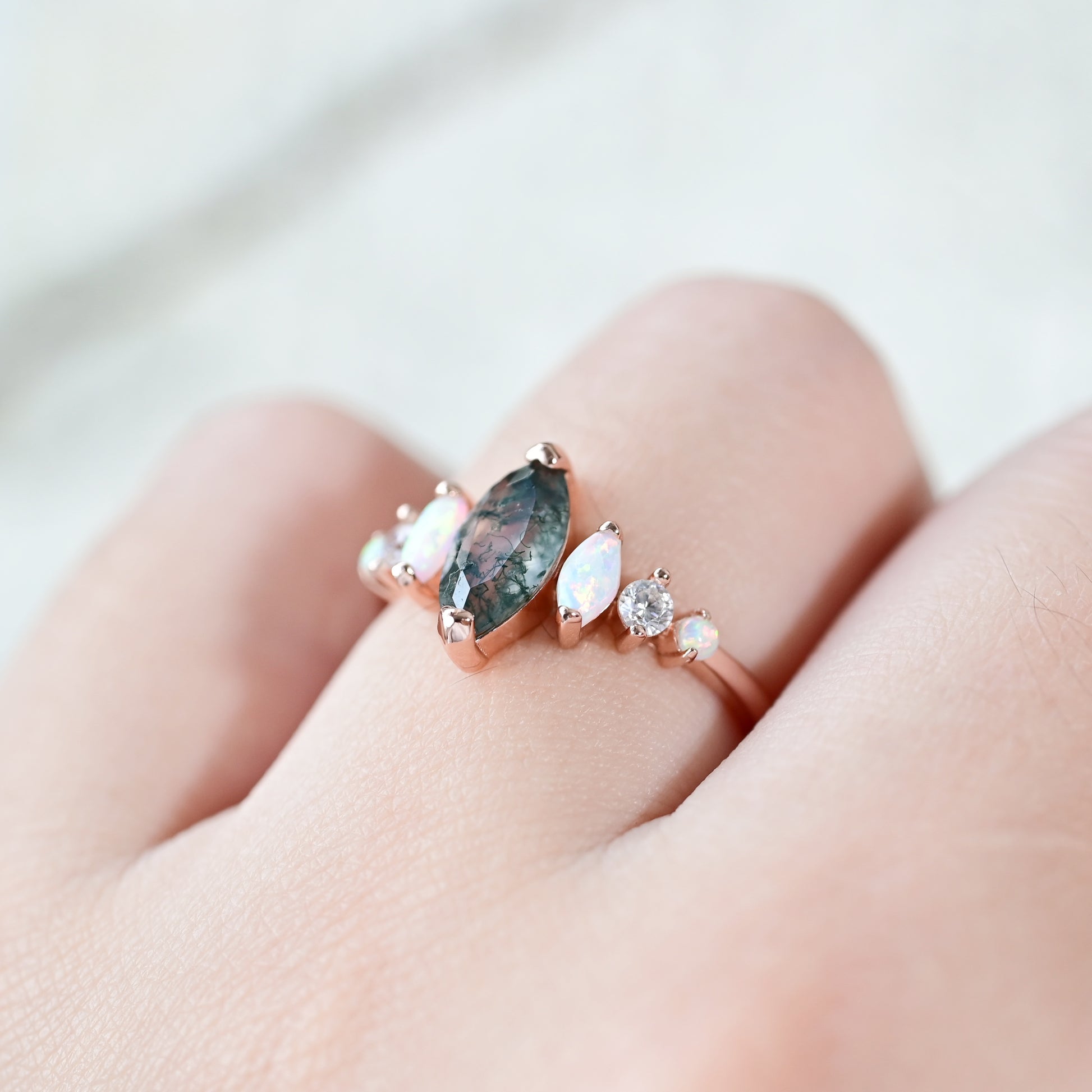 Marquise Moss Agate & Opal Ring