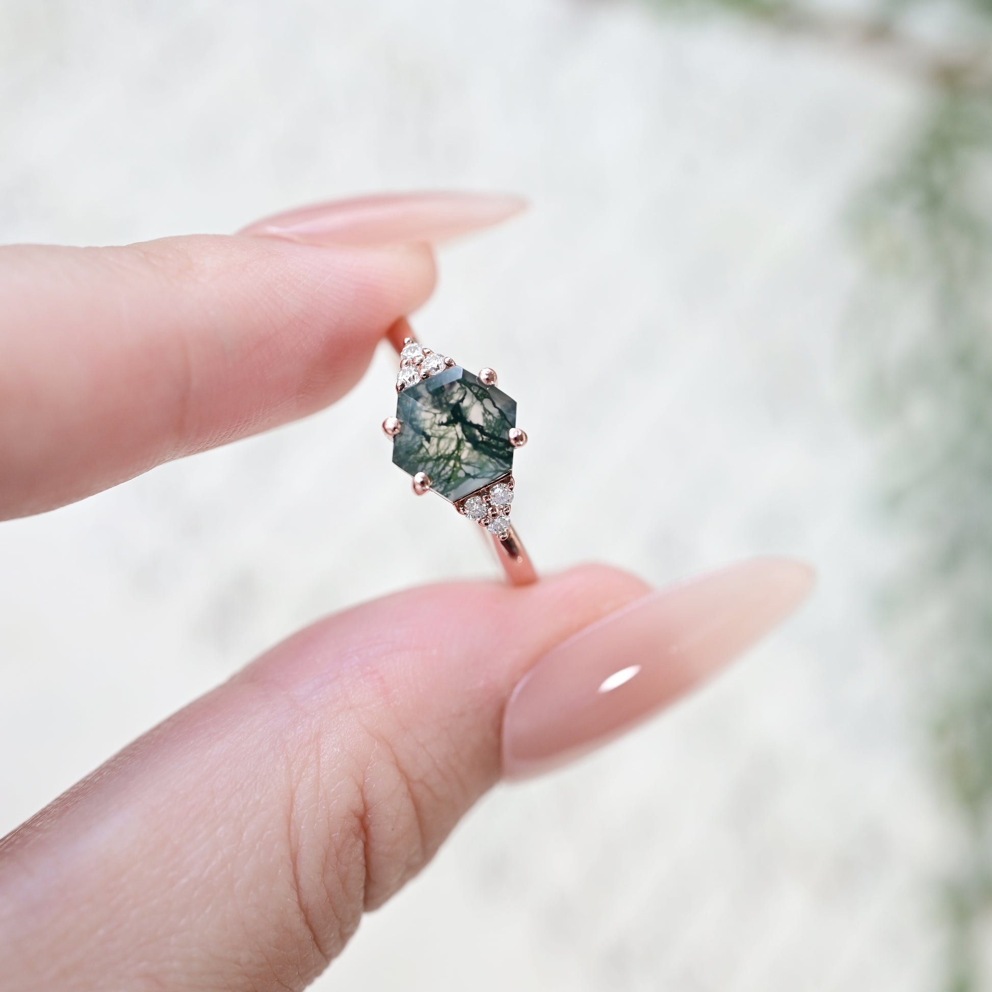 Hexagonal Moss Agate Ring