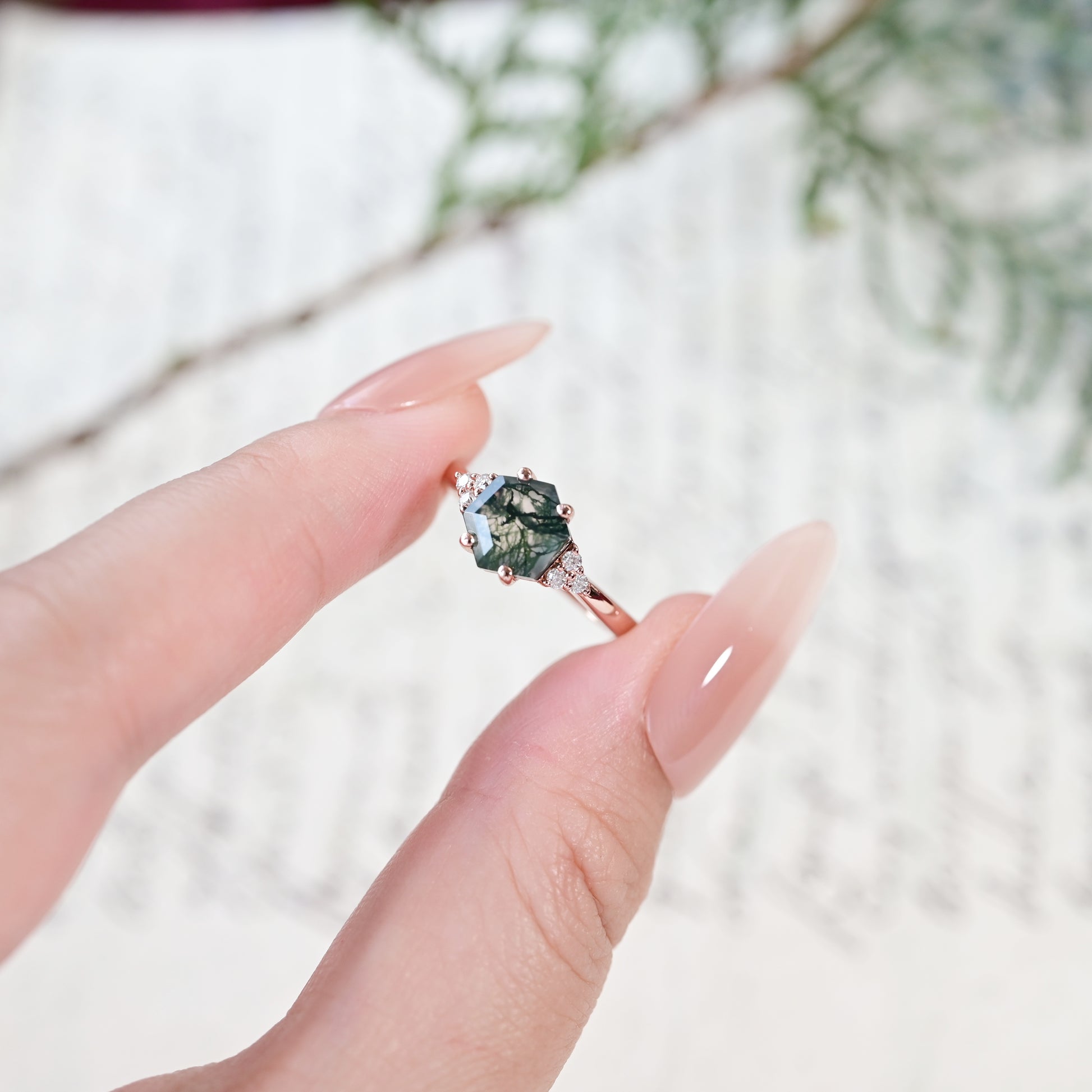 Hexagonal Moss Agate Ring