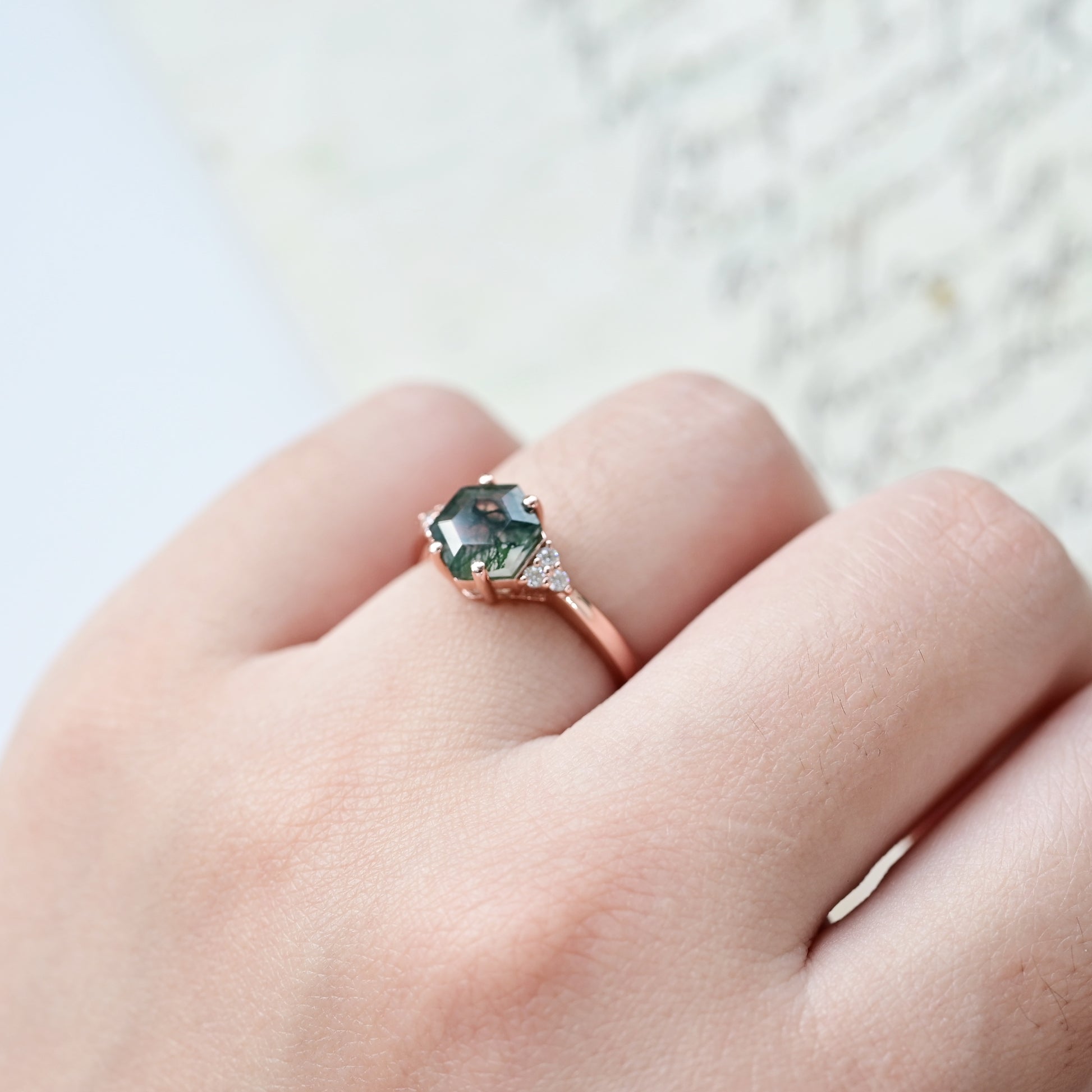 Hexagonal Moss Agate Ring