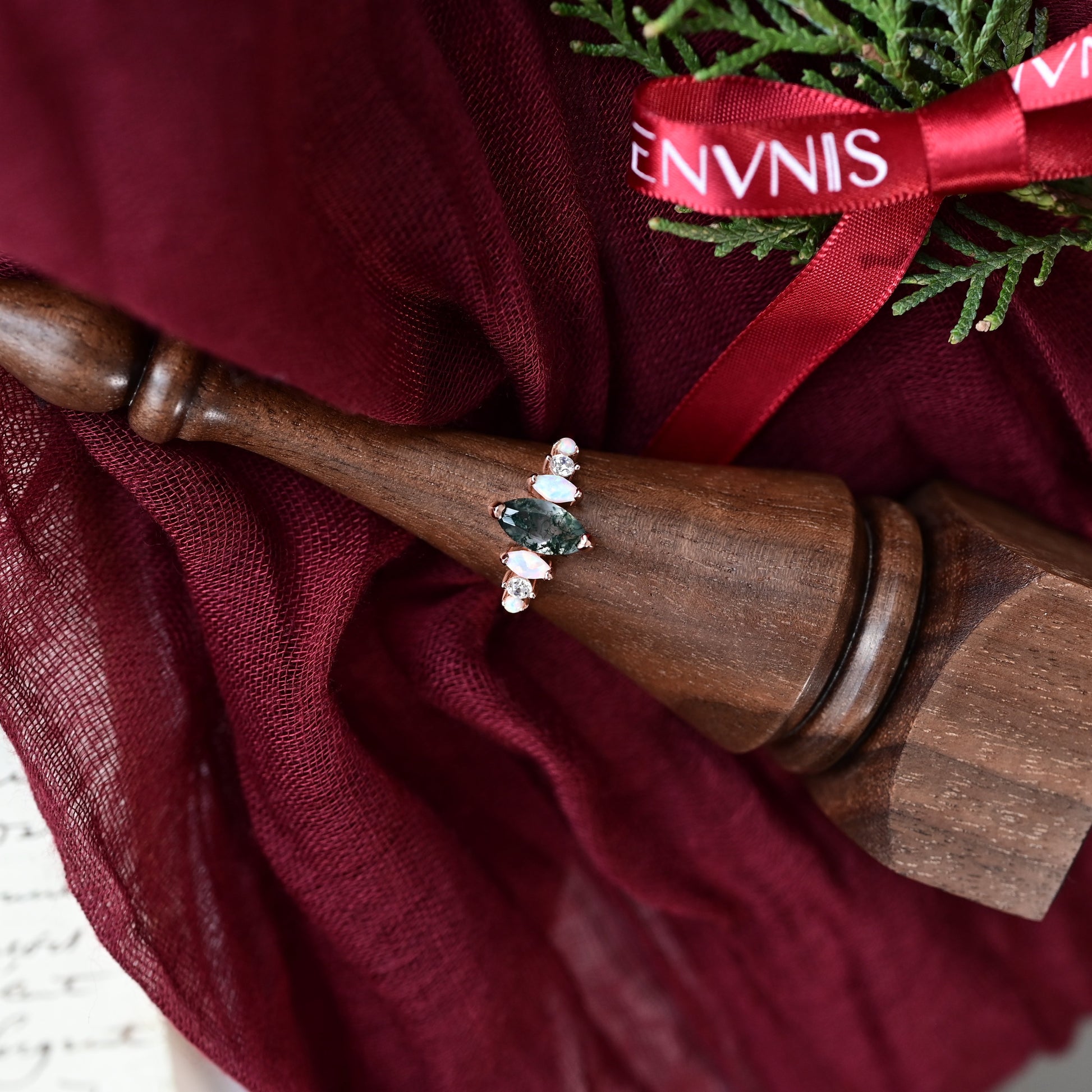 Marquise Moss Agate & Opal Ring