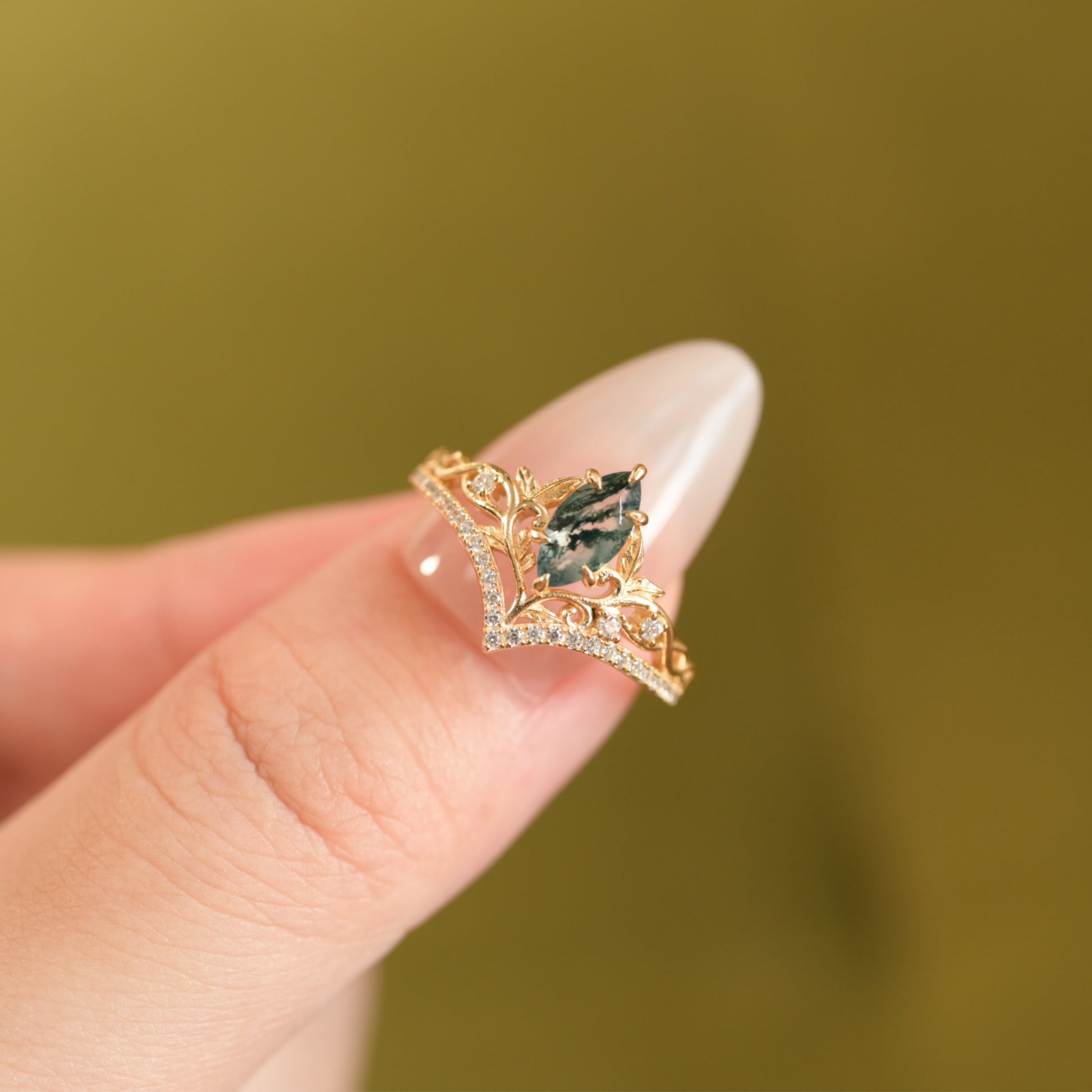 Marquise Moss Agate Tiara Ring
