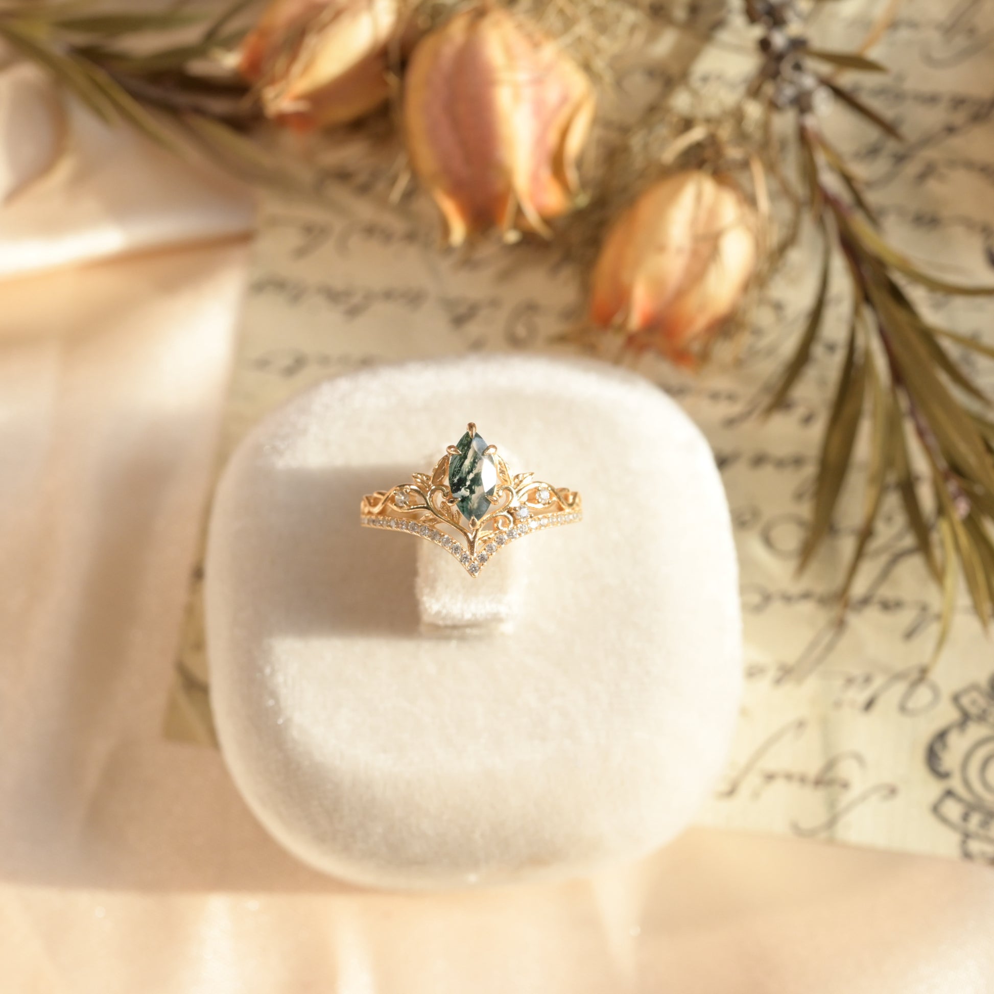 Marquise Moss Agate Tiara Ring