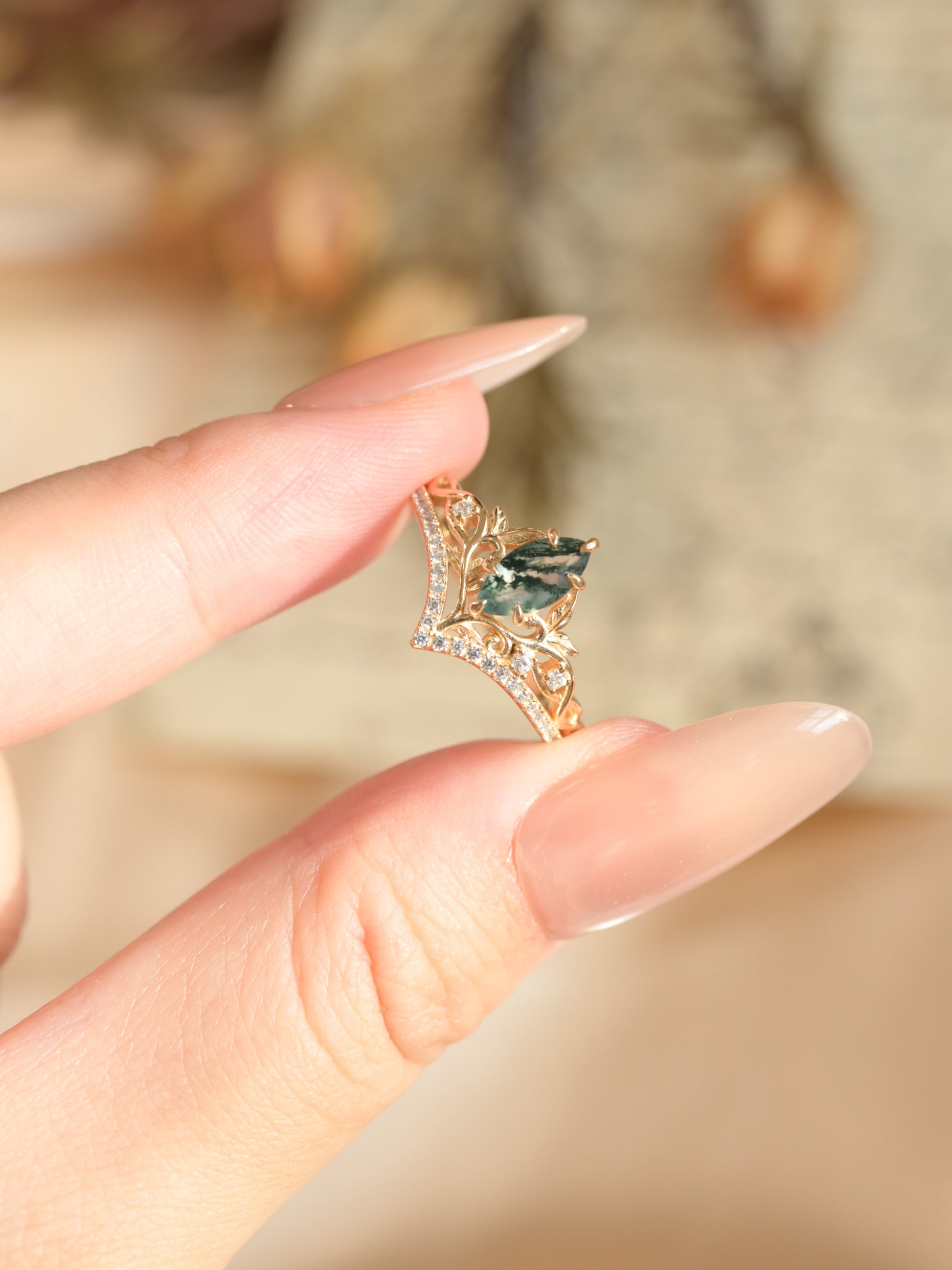 Marquise Moss Agate Tiara Ring