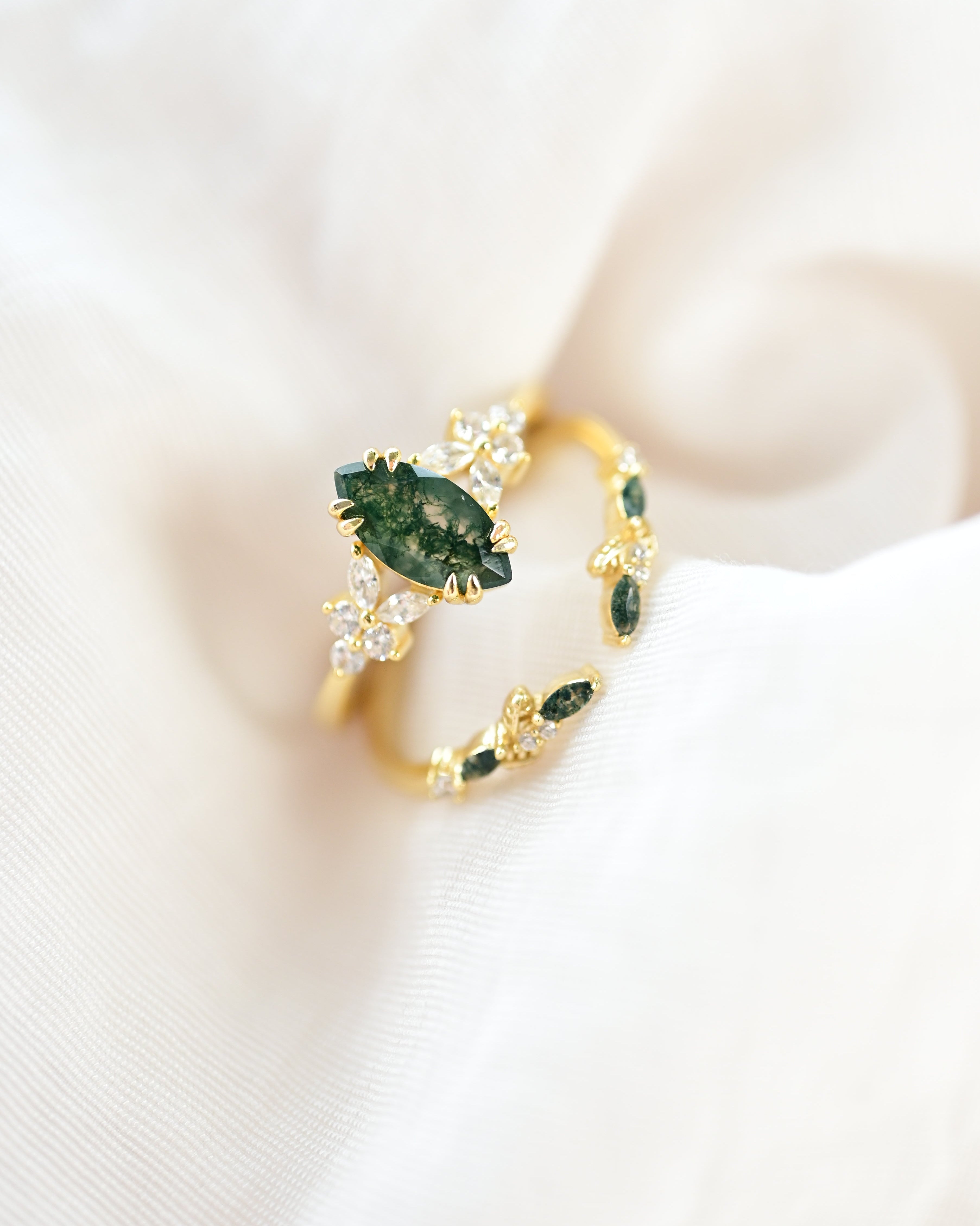 Wreath Marquise Cut Moss Agate Stacking Ring Set