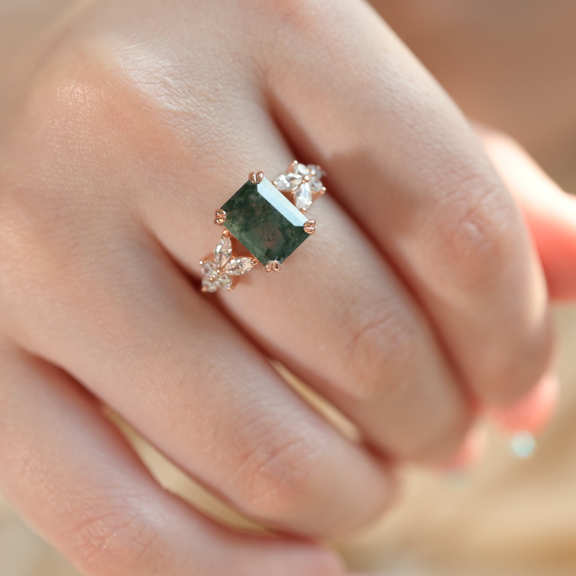 Smaragdschliff Oktagon Moosachat Ring