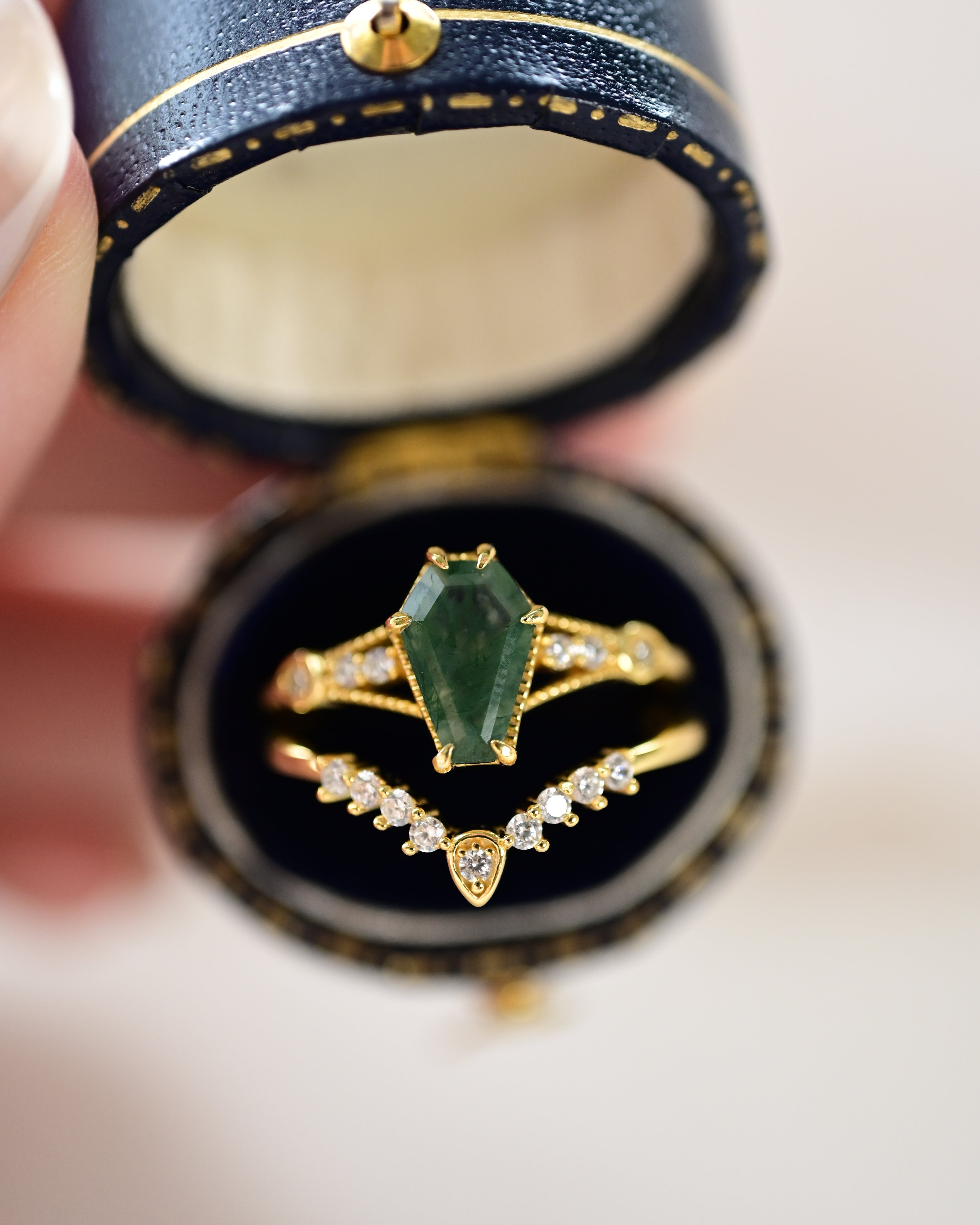 Coffin Cut Moss Agate Stacking Ring Set