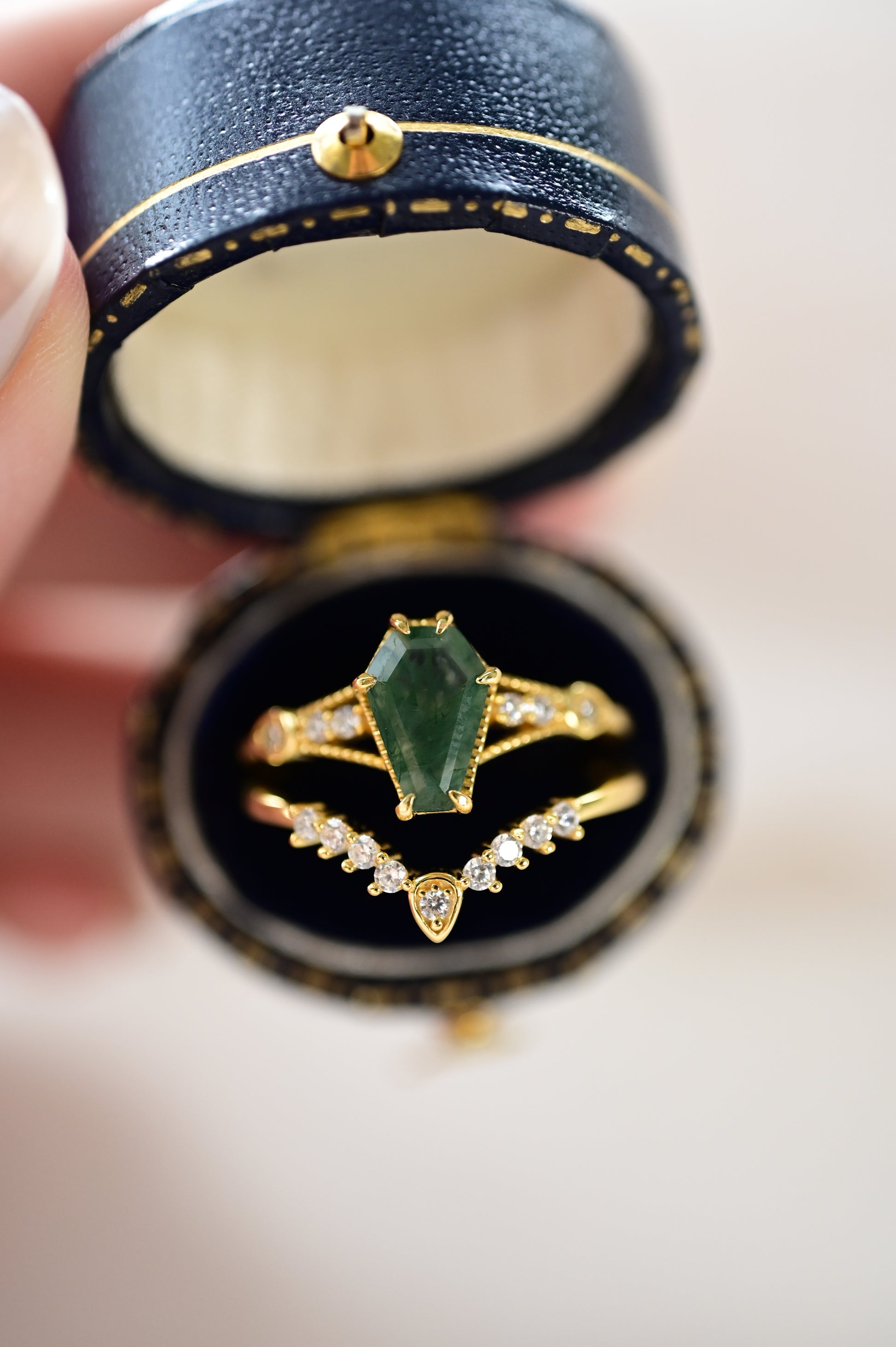 Coffin Cut Moss Agate Stacking Ring Set