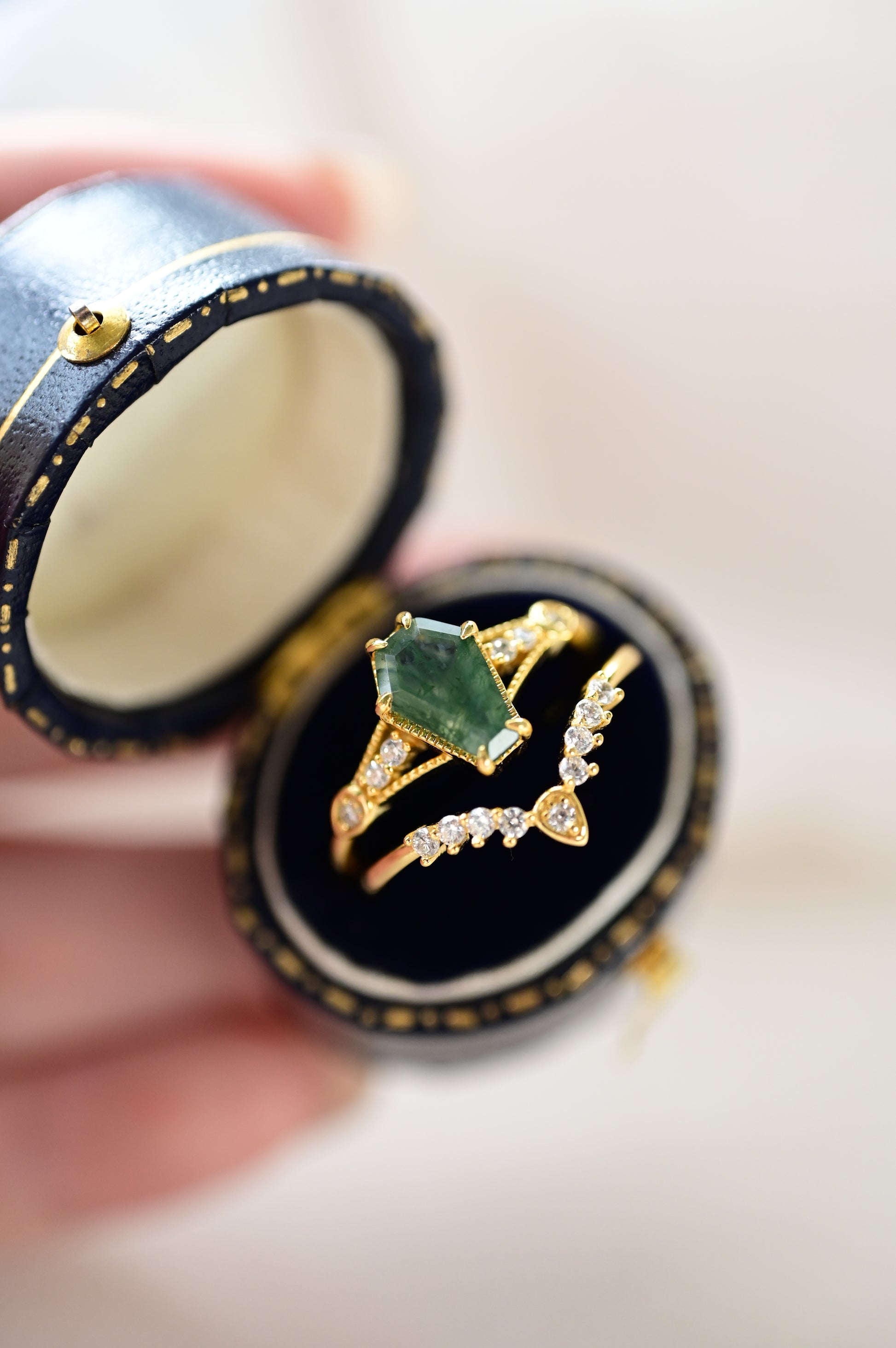 Coffin Cut Moss Agate Stacking Ring Set