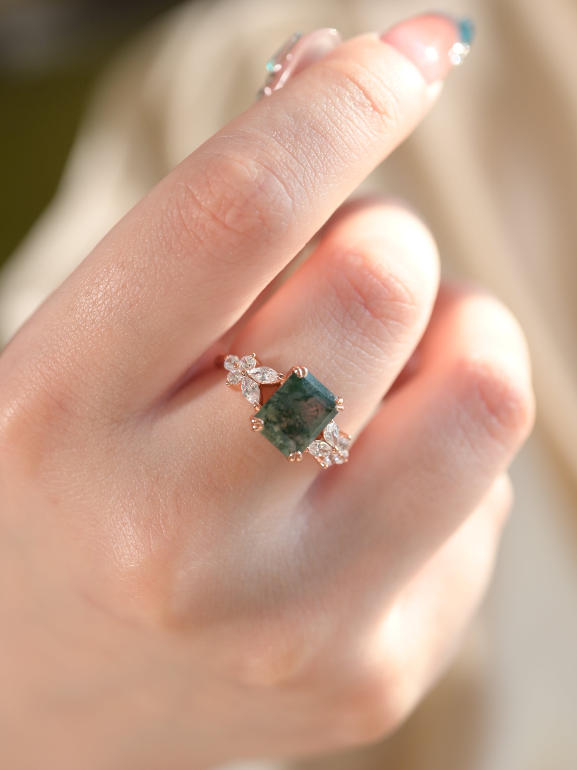 Smaragdschliff Oktagon Moosachat Ring