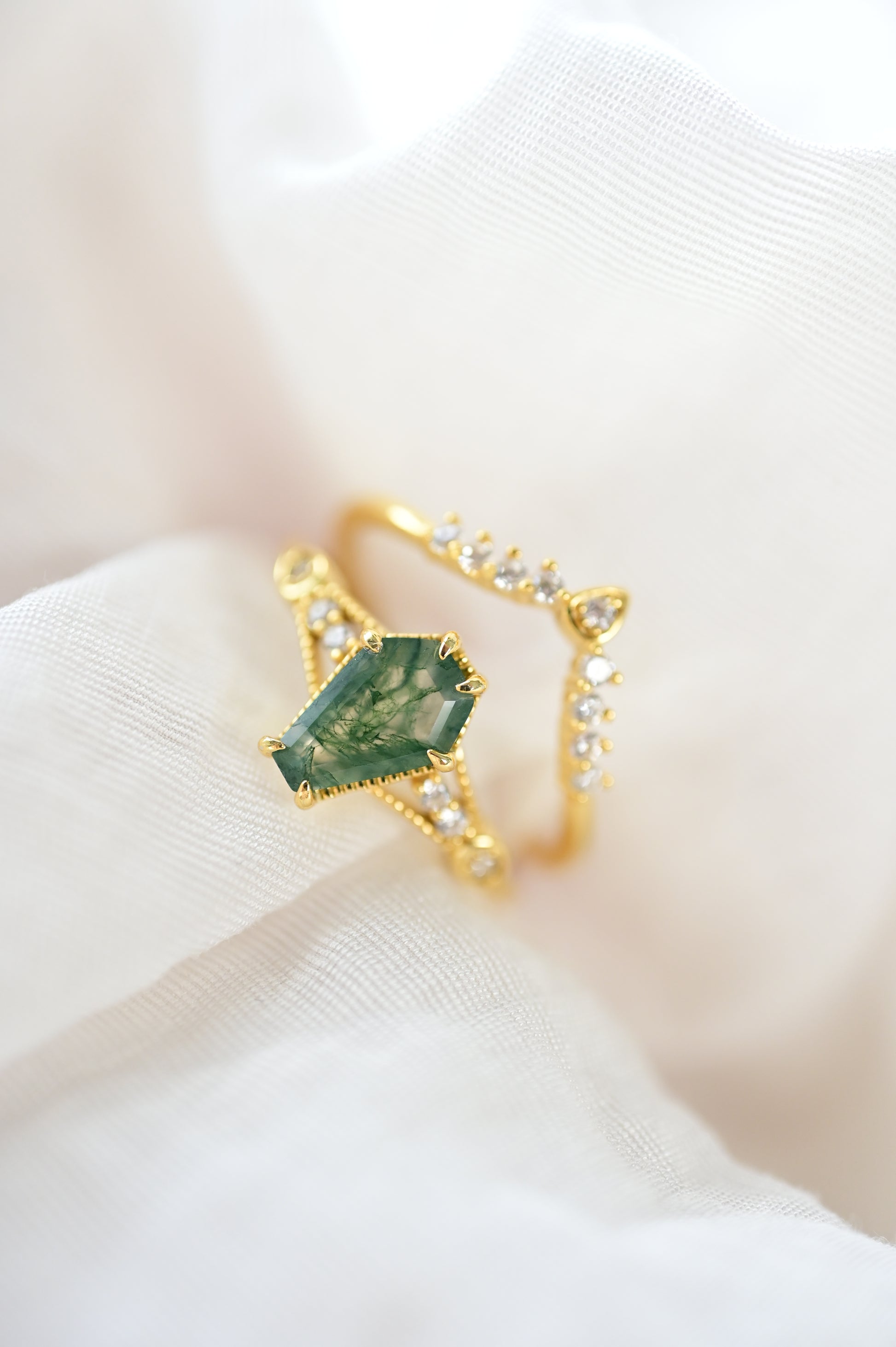 Coffin Cut Moss Agate Stacking Ring Set