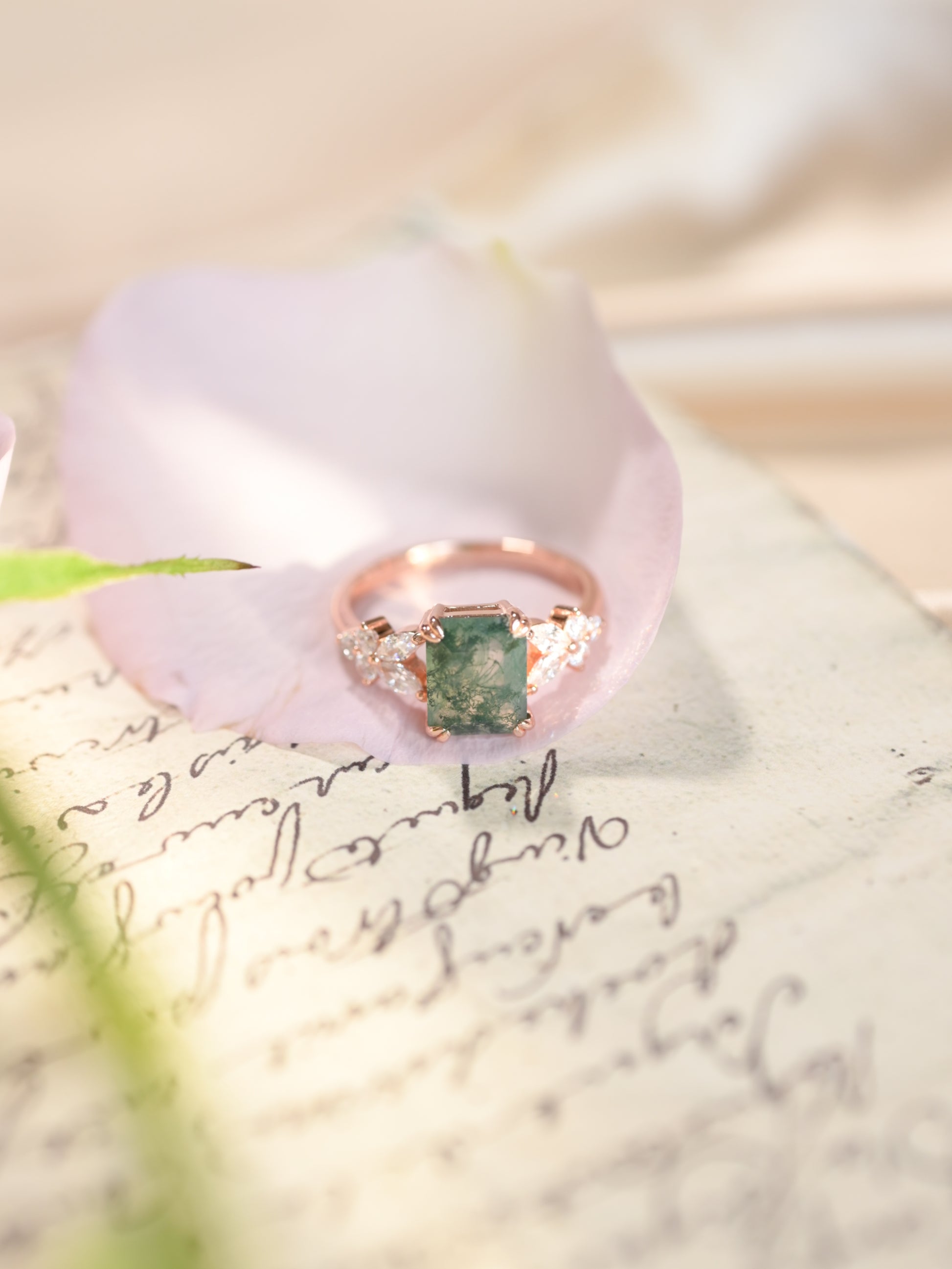 Smaragdschliff Oktagon Moosachat Ring