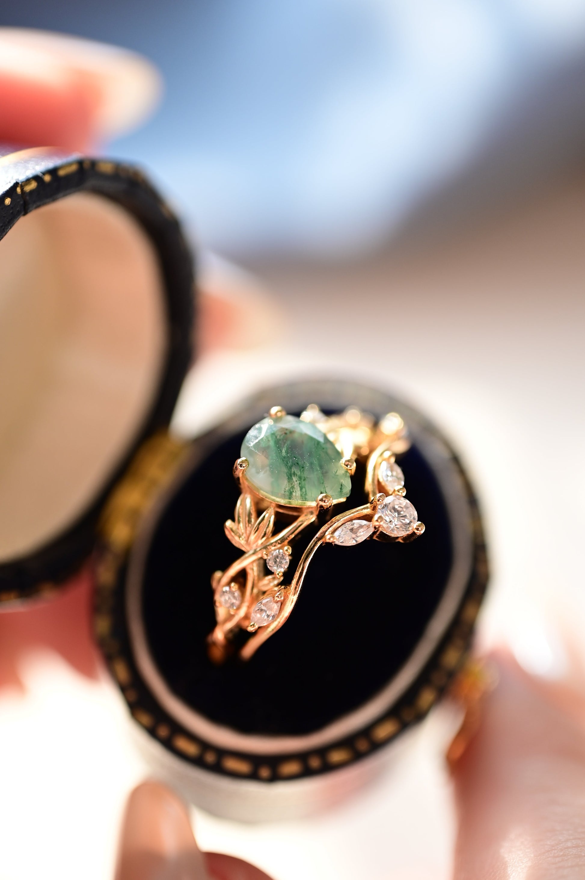 Vine Motif Pear Cut Moss Agate Stacking Ring Set
