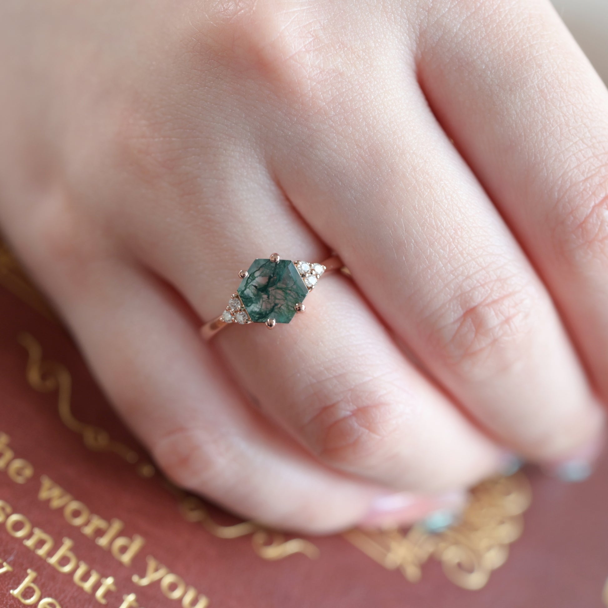 Hexagonal Moss Agate Ring