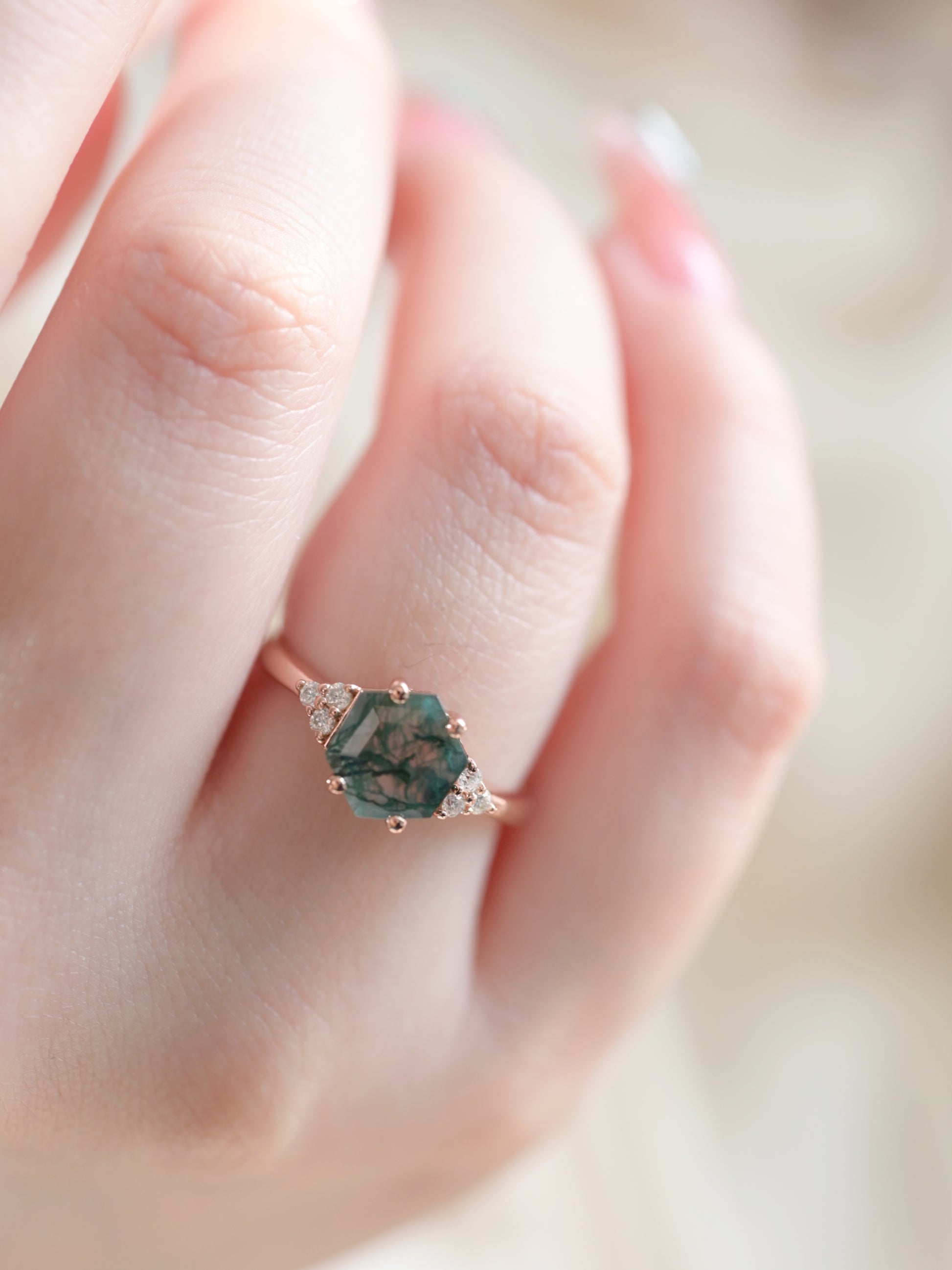 Hexagonal Moss Agate Ring