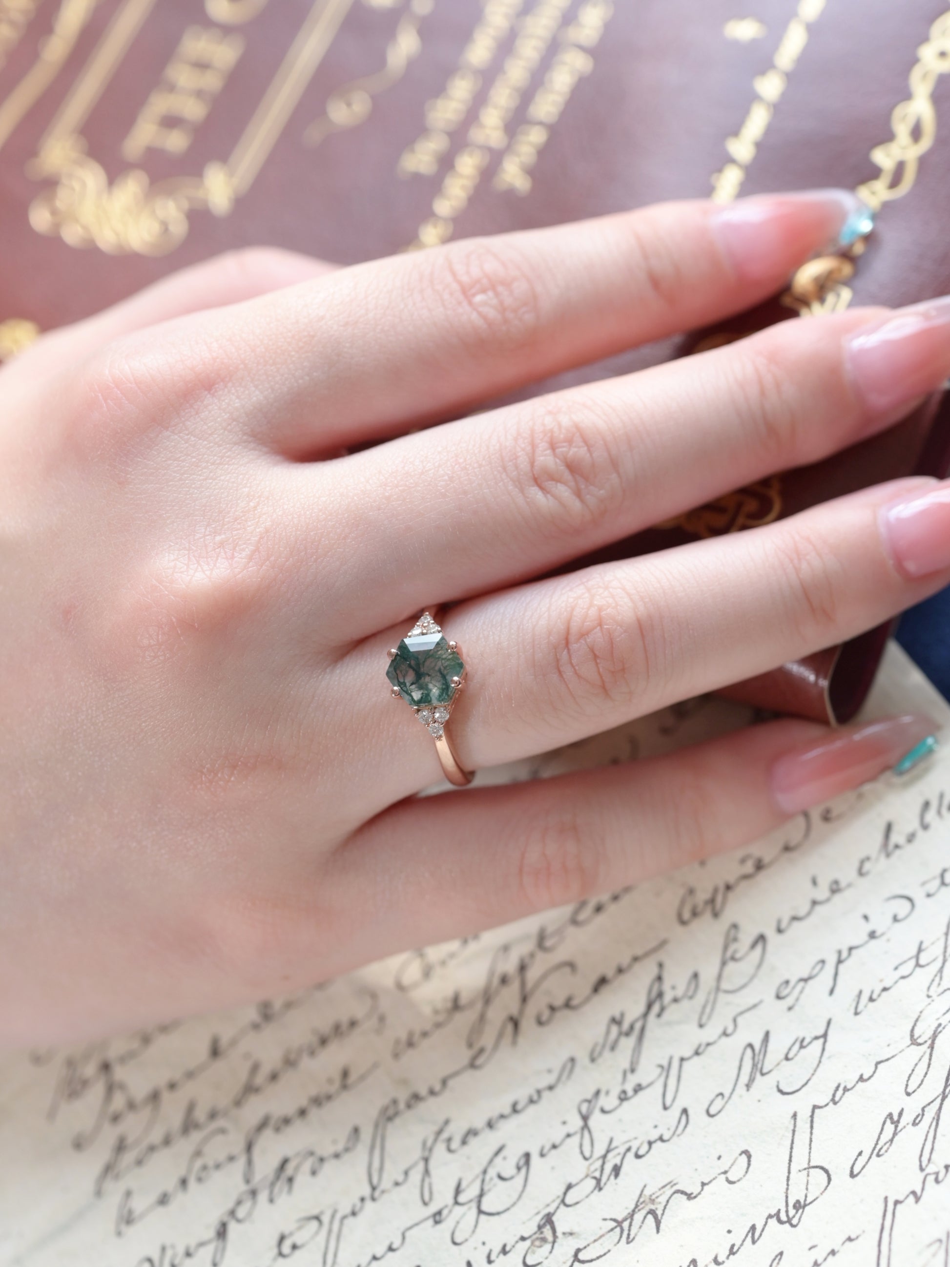 Hexagonal Moss Agate Ring