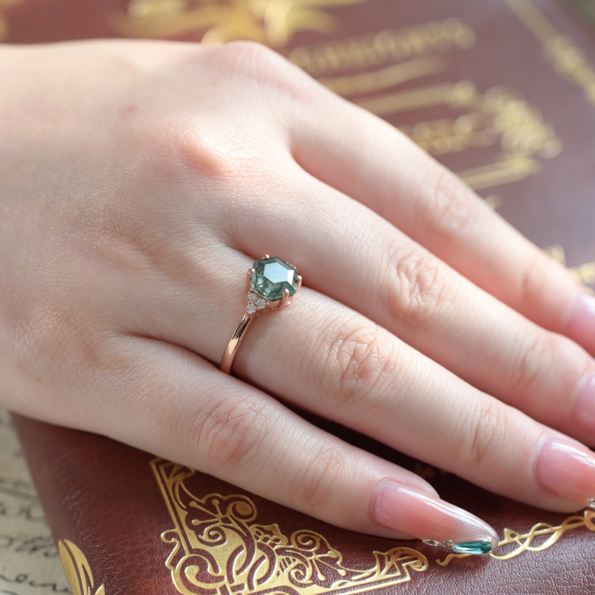 Hexagonal Moss Agate Ring