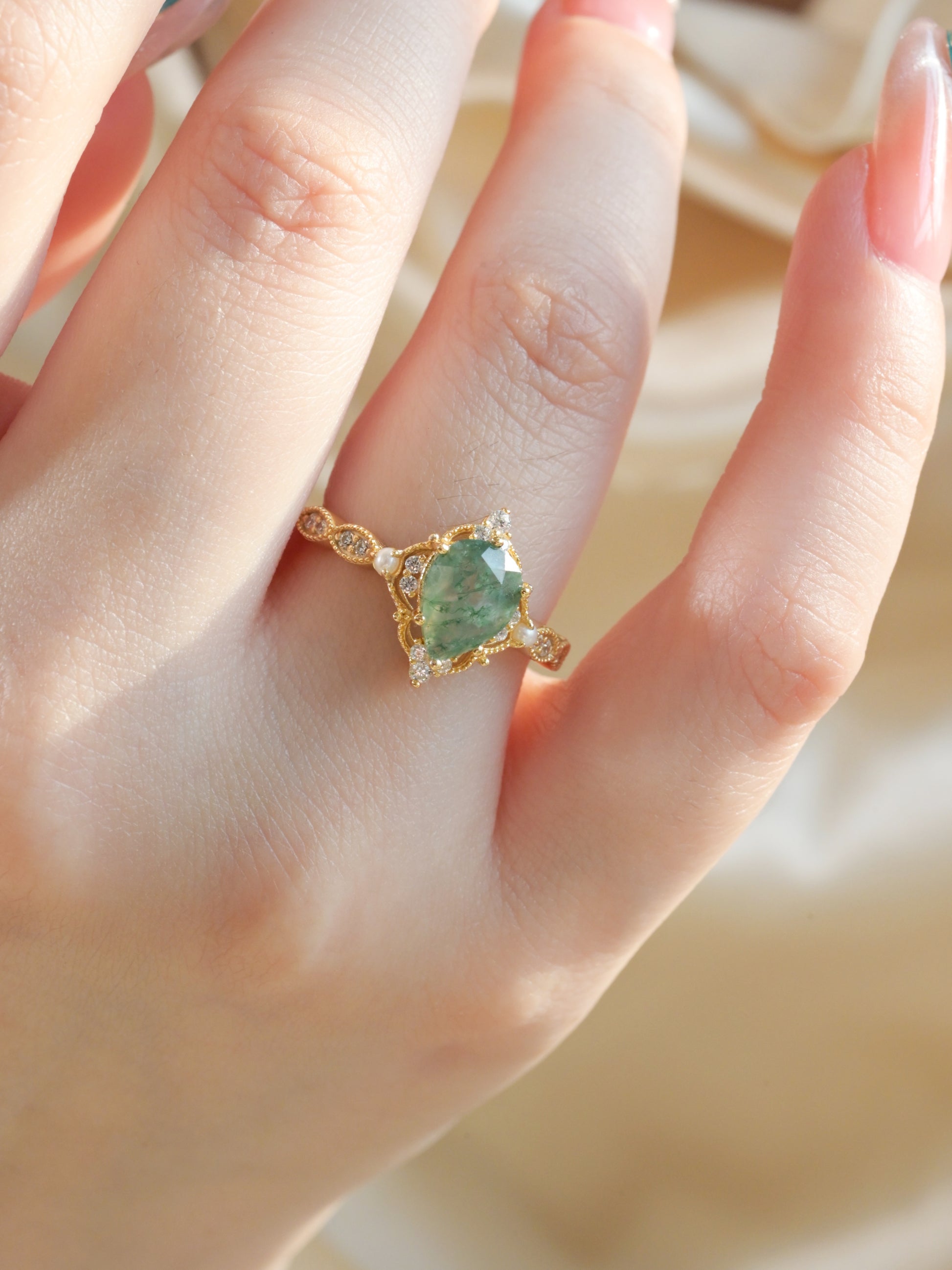 Vintage Birnenschliff Moosachat Perlenring