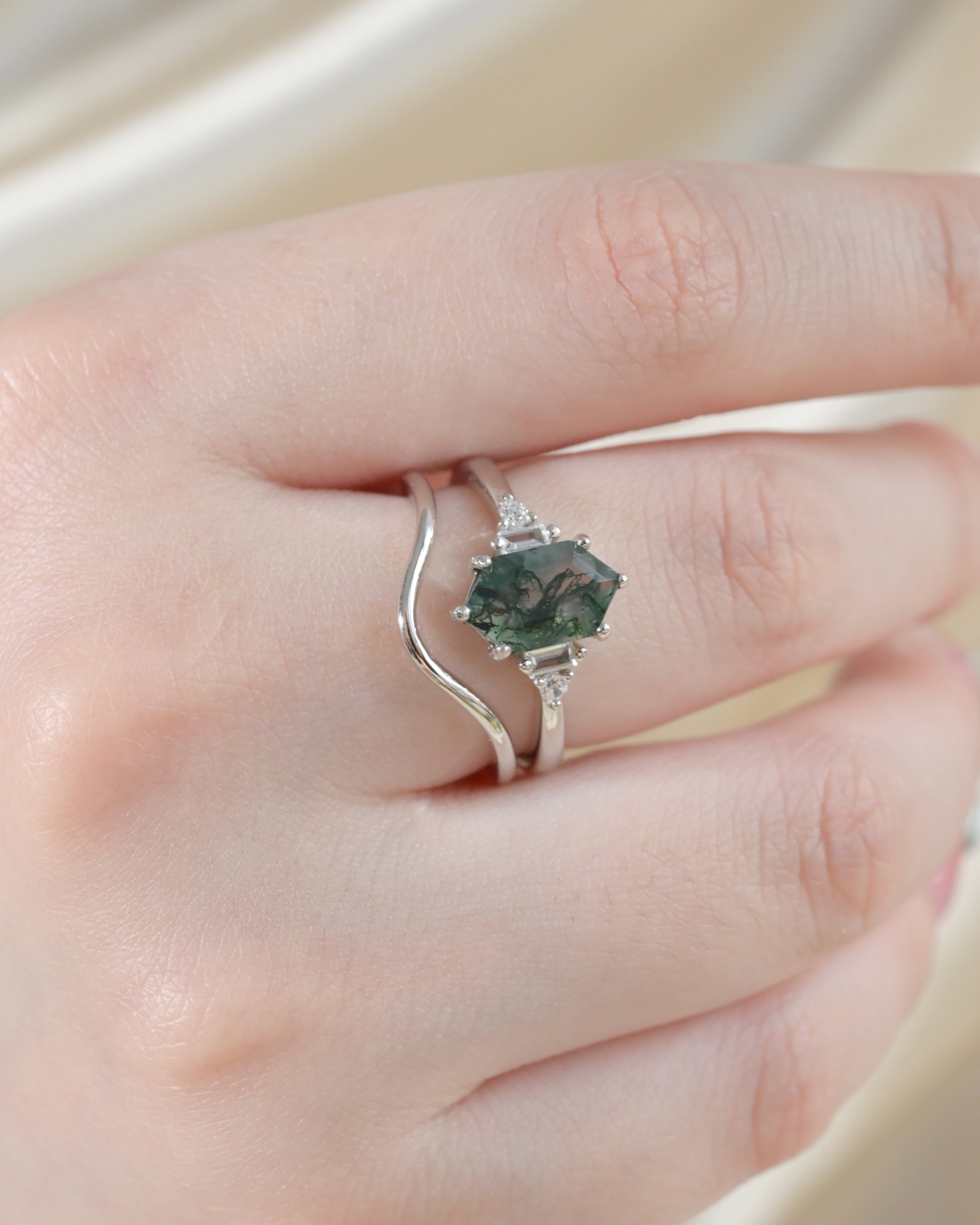 Geometric Minimalist Hexagon Cut Moss Agate Ring Set
