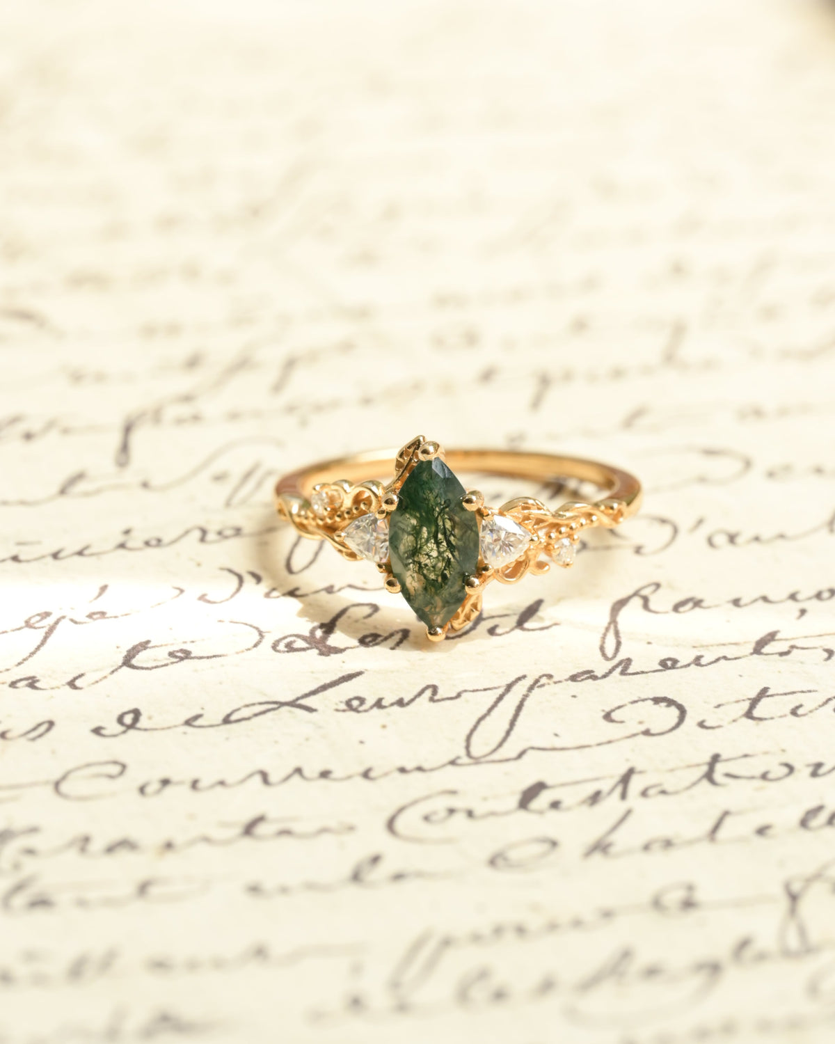 Vintage Marquise-Cut Moss Agate Vine Ring Set