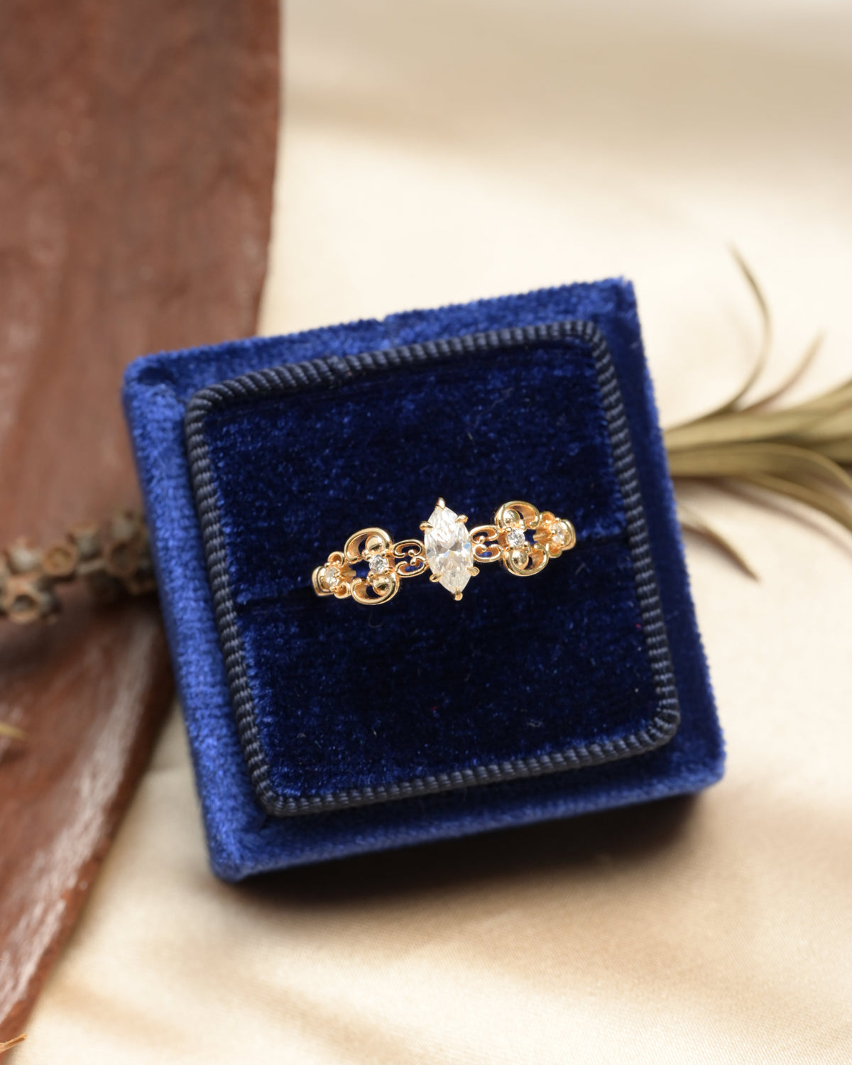 Vintage Marquise Moissanite Floral Scroll Ring