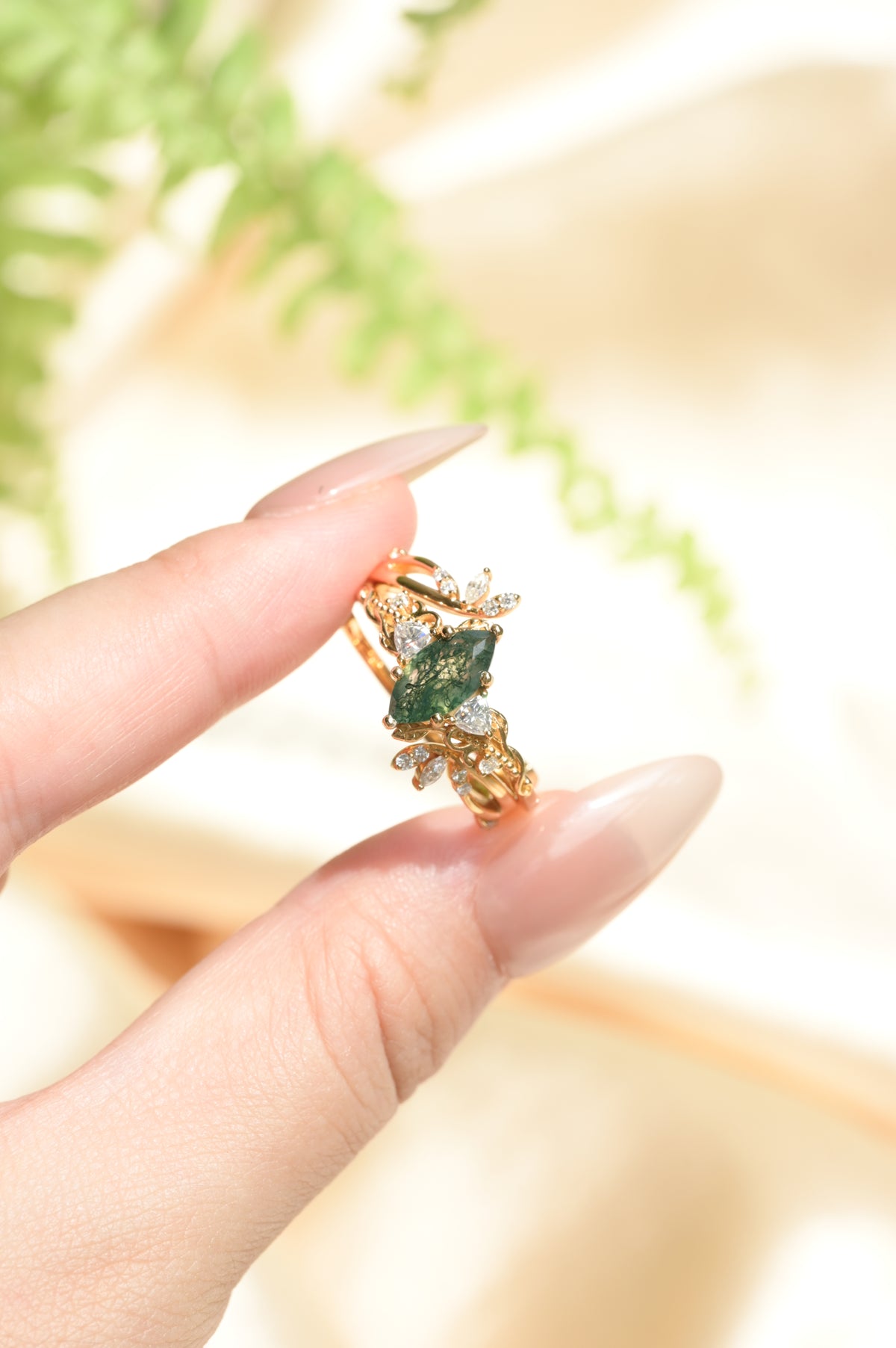 Vintage Marquise-Cut Moss Agate Vine Ring Set