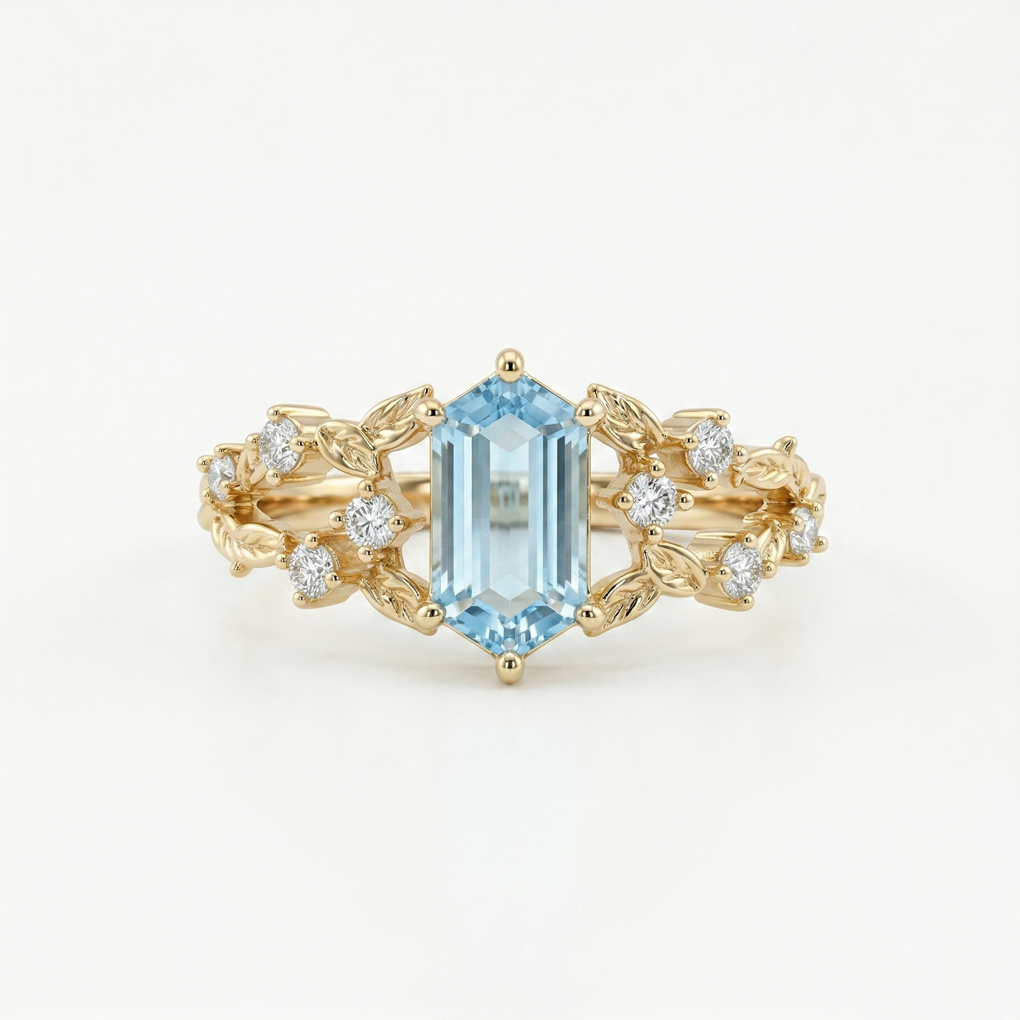 Anillo de hoja con topacio azul Londres talla esmeralda