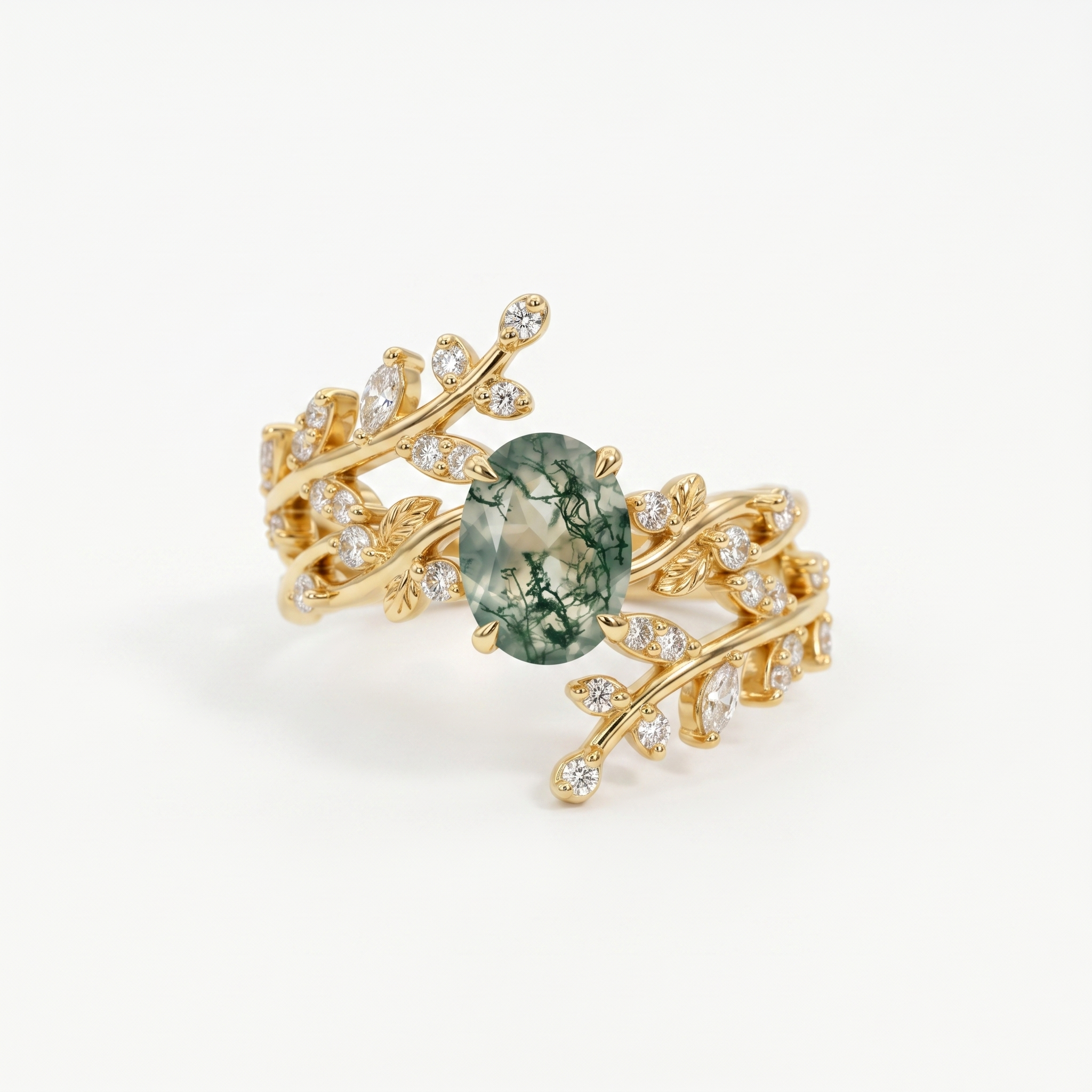 Conjunto de anillos apilables de ágata musgosa con corte oval Forest Whisper