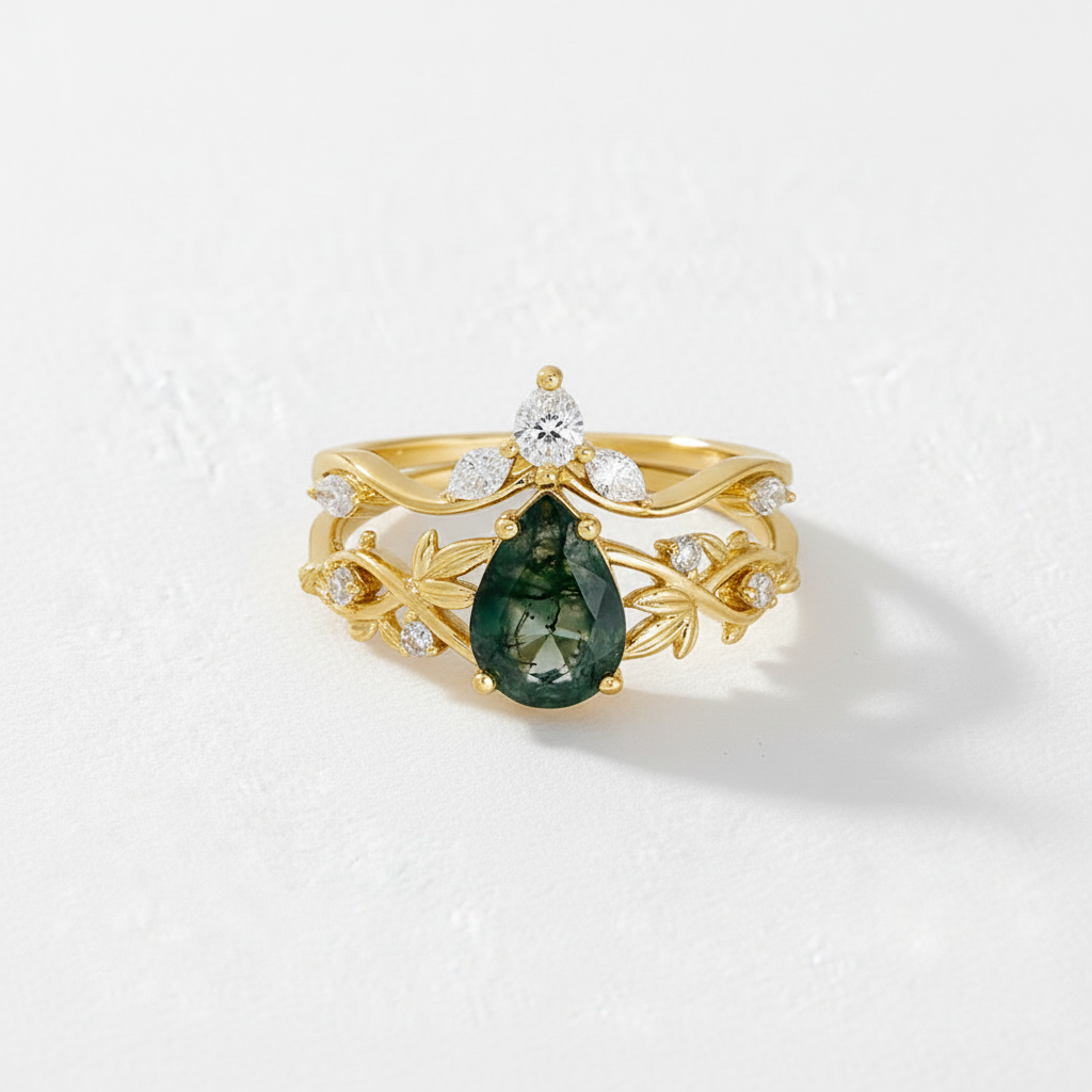Vine Motif Pear Cut Moss Agate Stacking Ring Set