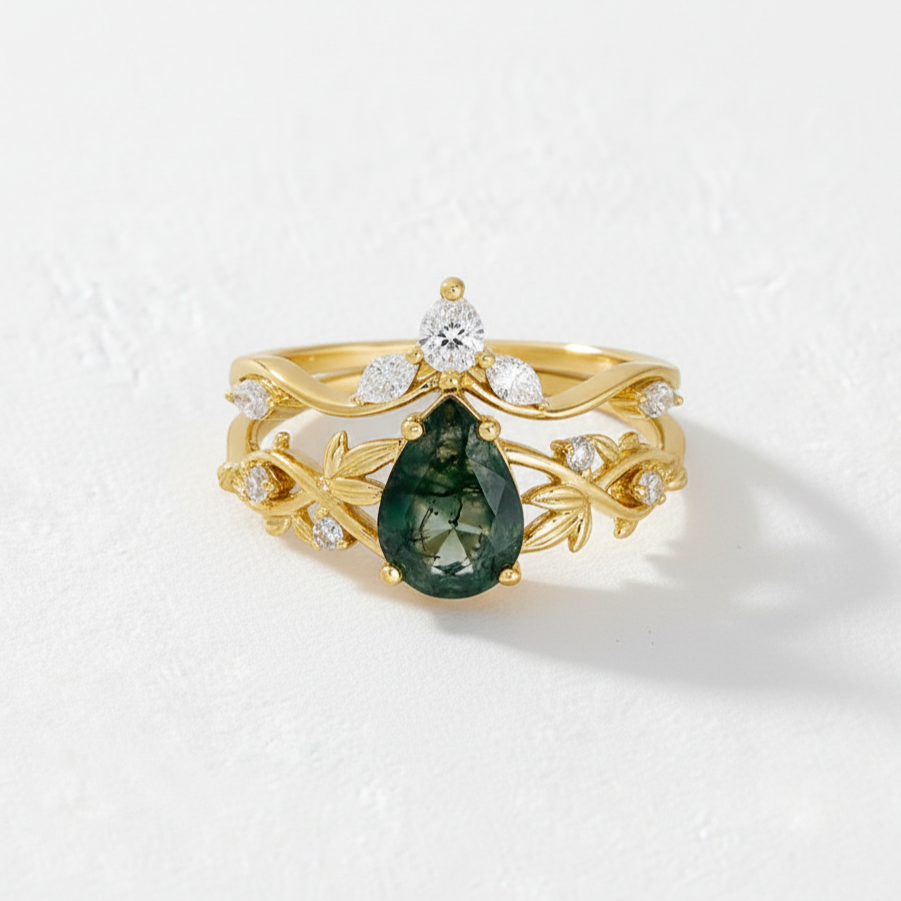 Vine Motif Pear Cut Moss Agate Stacking Ring Set