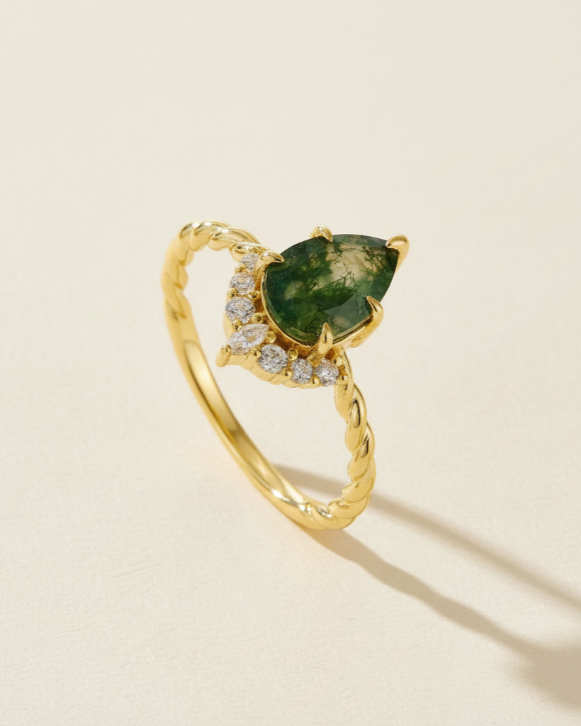 Pear Cut Moss Agate Stacking Ring Set