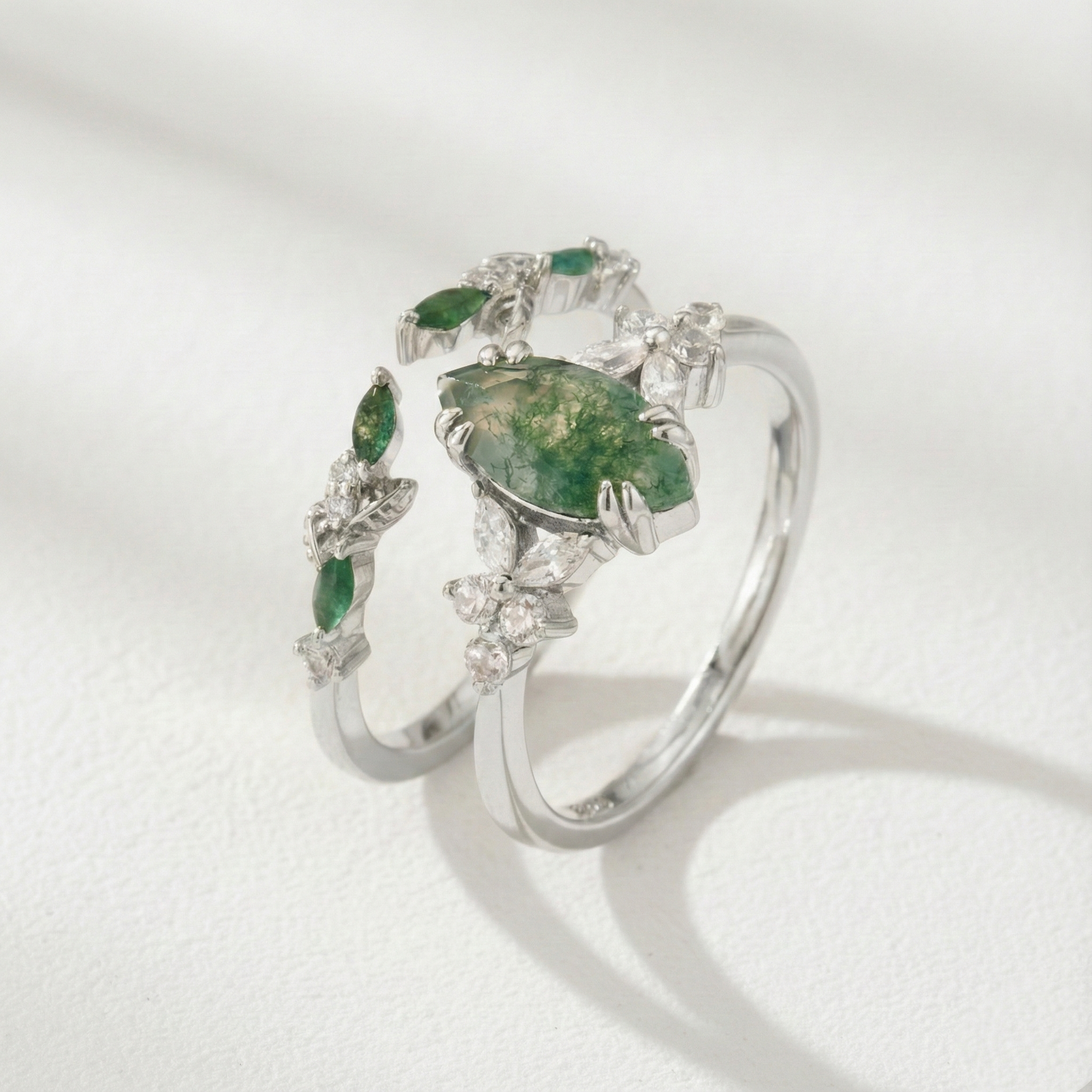 Wreath Marquise Cut Moss Agate Stacking Ring Set