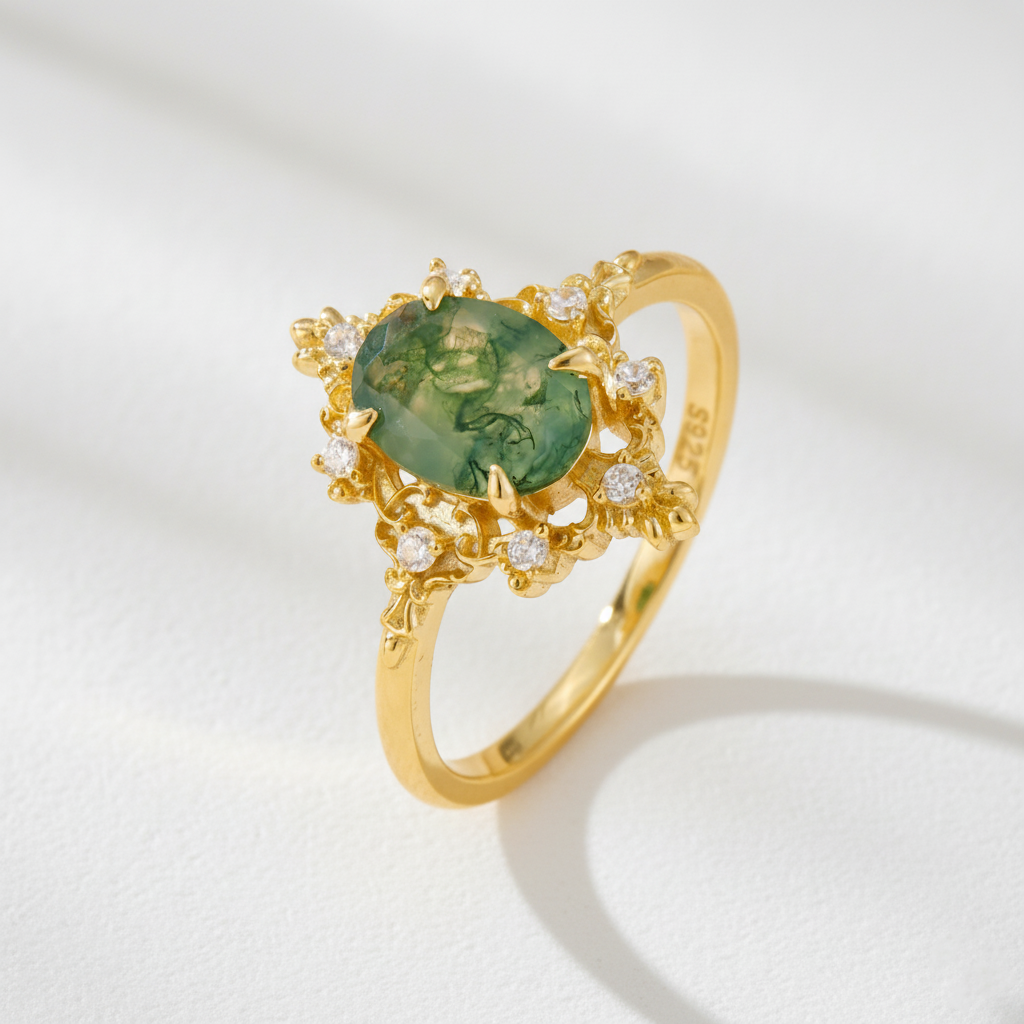 Vintage Oval Cut Moss Agate Crown Ring