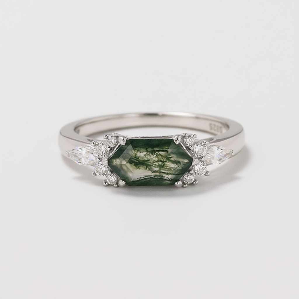 Verdant Hex Moss Agate Ring