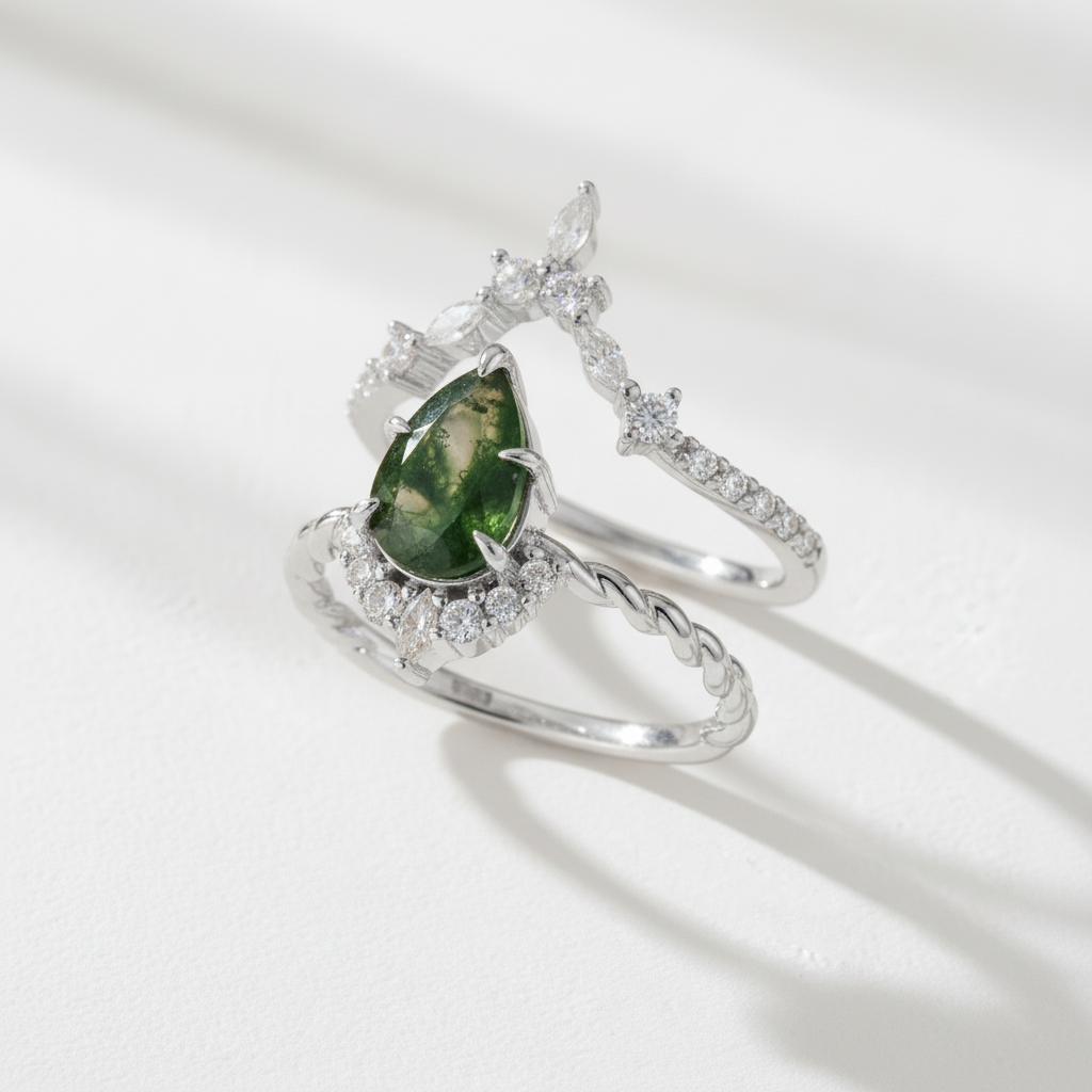 Pear Cut Moss Agate Stacking Ring Set