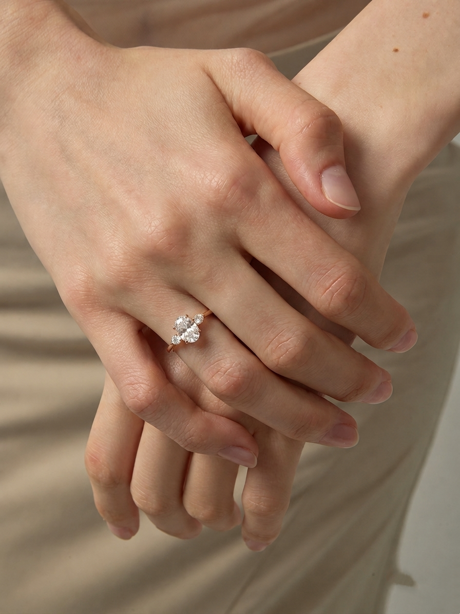 Elegante anello trilogy con moissanite a taglio ovale