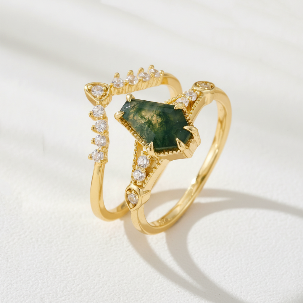 Coffin Cut Moss Agate Stacking Ring Set