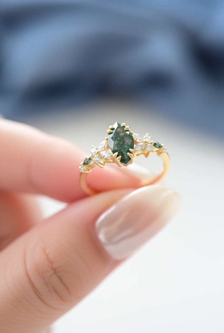 Wreath Marquise Cut Moss Agate Stacking Ring Set
