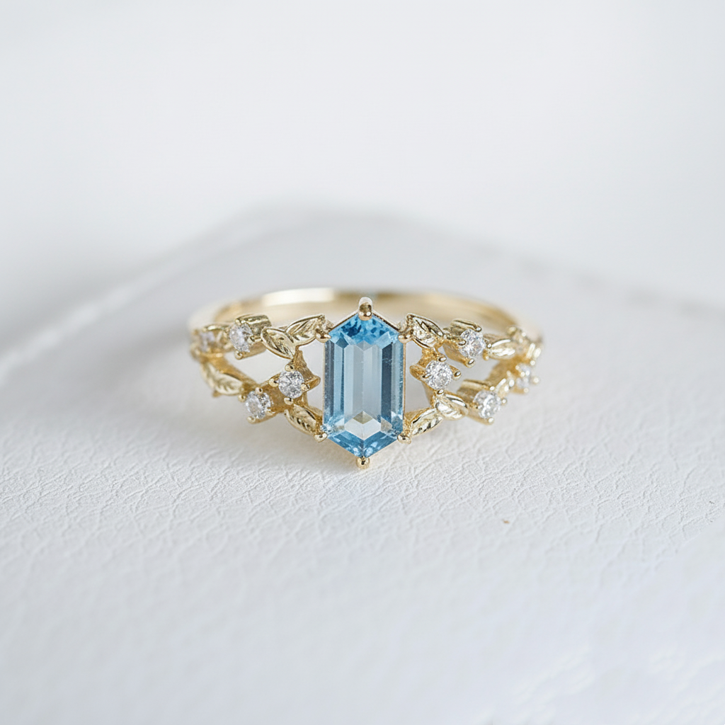Emerald Cut London Blue Topaz Leaf Ring