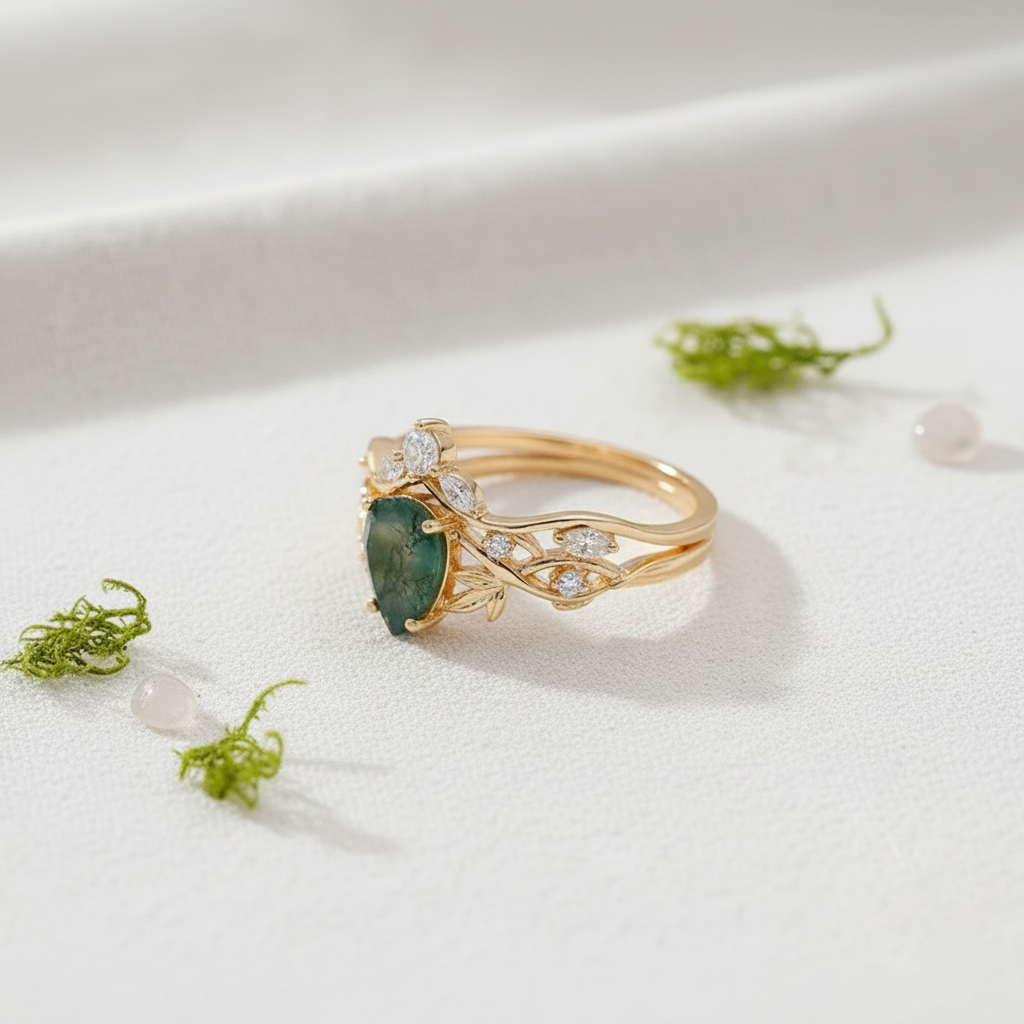 Vine Motif Pear Cut Moss Agate Stacking Ring Set
