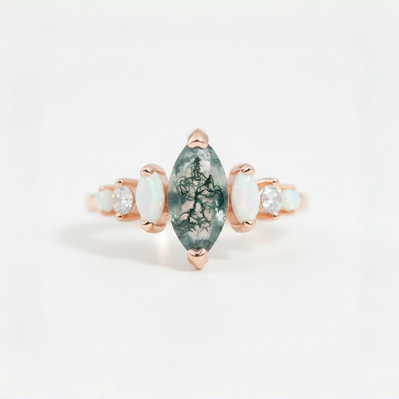 Marquise Moss Agate & Opal Ring