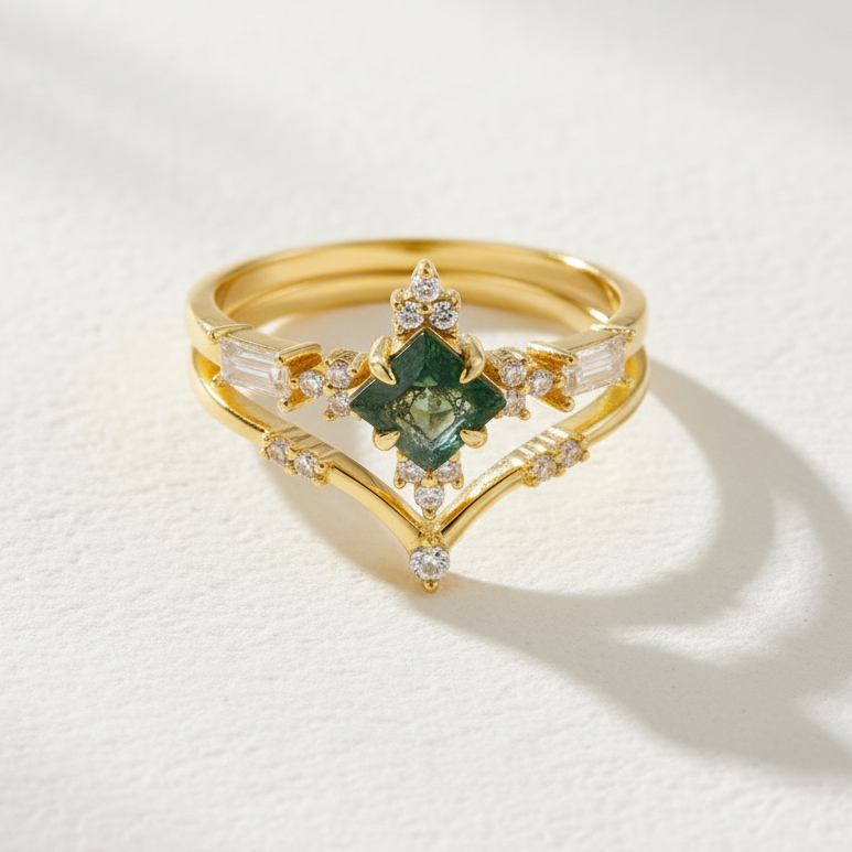 Square Cut Moss Agate Stacking Ring Set