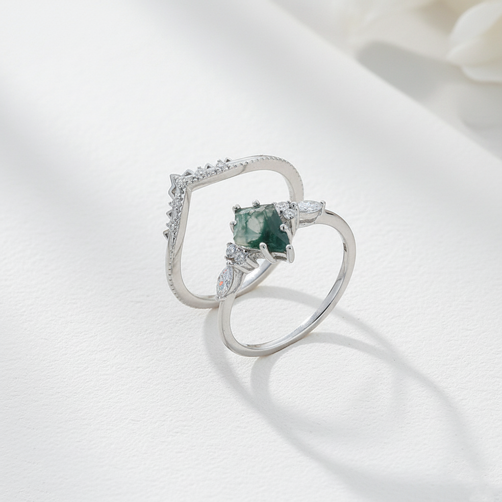 Moss Agate Crown Ring Set